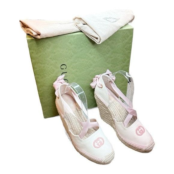 Gucci GUCCI Judit Espadrille Wedge Sandals White Pink GG Lace Up E Size US 8.5 / IT 38.5 - 1 Thumbnail