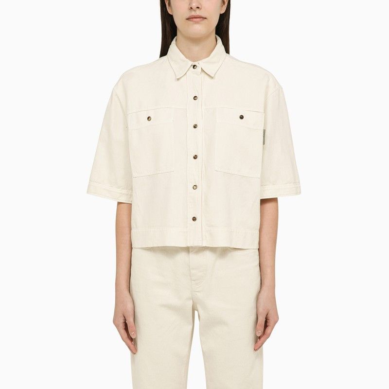 image of Brunello Cucinelli Linen Blend Chalk-Coloured Shirt in White, Women's (Size Medium)