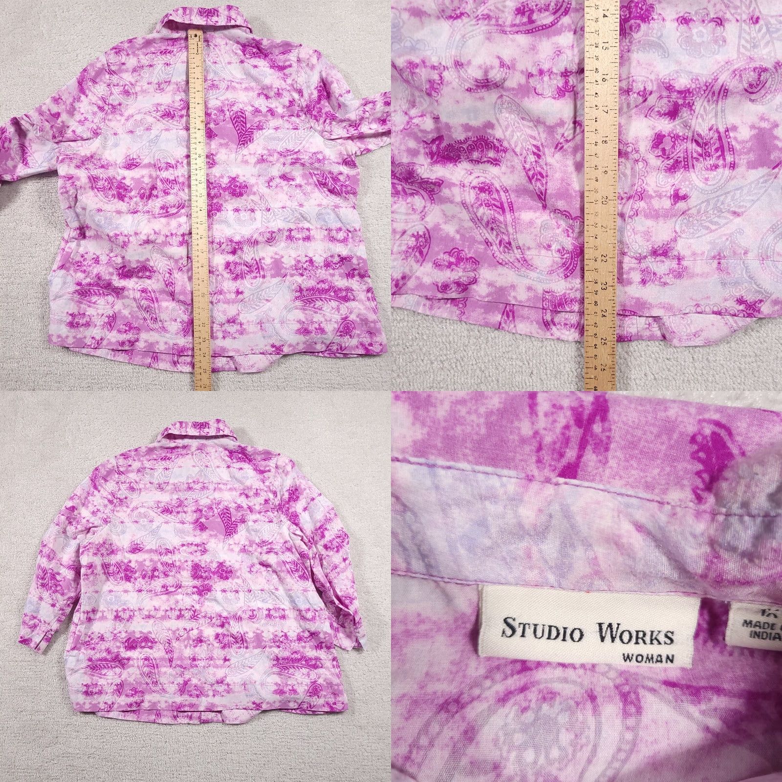 Vintage Studio Works Button Up Shirt Women's 1X Plus Purple Paisley Collared 3/4 Sleeve Size XL / US 12-14 / IT 48-50 - 8 Thumbnail