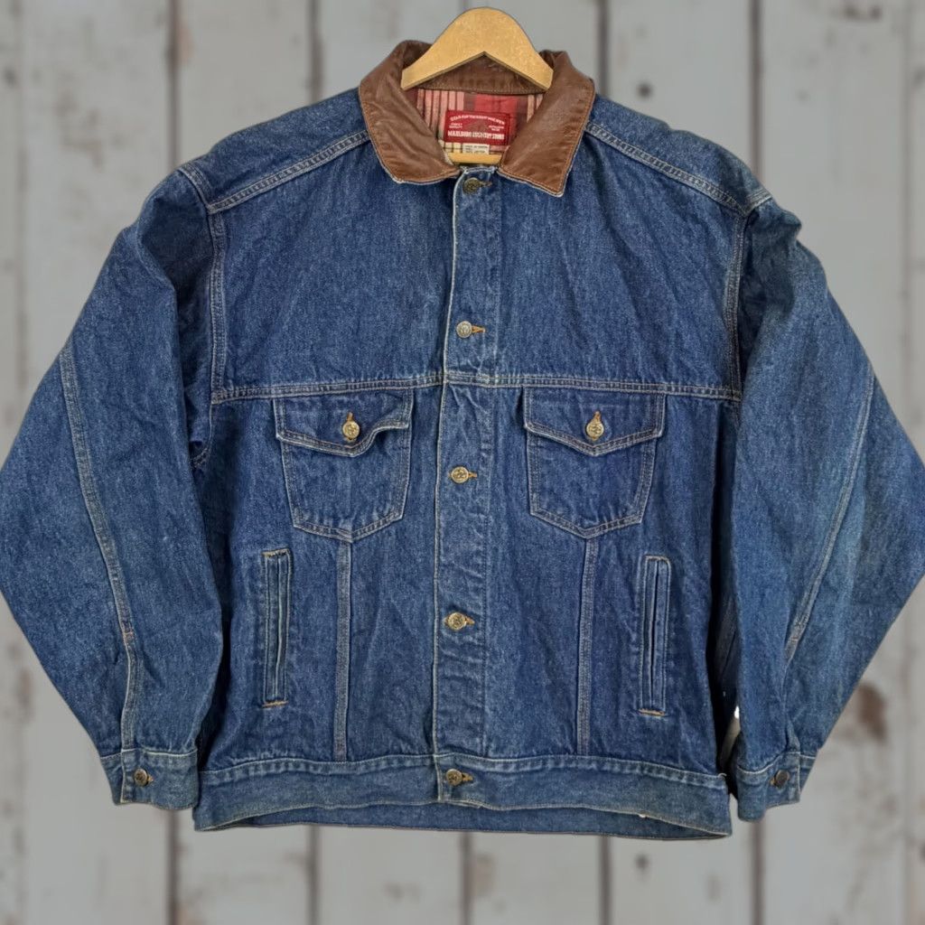 Marlboro VINTAGE Marlboro Jacket Mens XL Denim Leather Collar 90s Blue Bomber Shirt? Size US XL / EU 56 / 4 - 1 Thumbnail