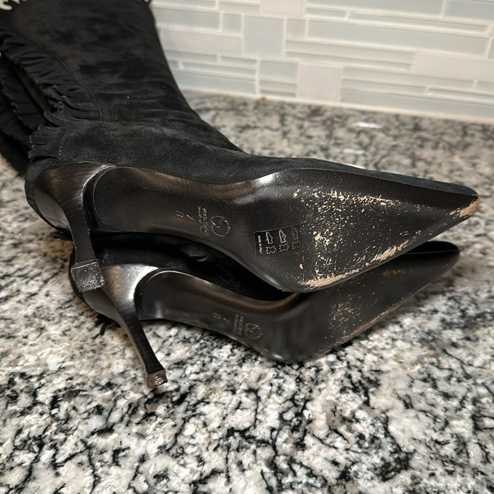St. John Suede Fringe Knee High Heeled Boots - 7B