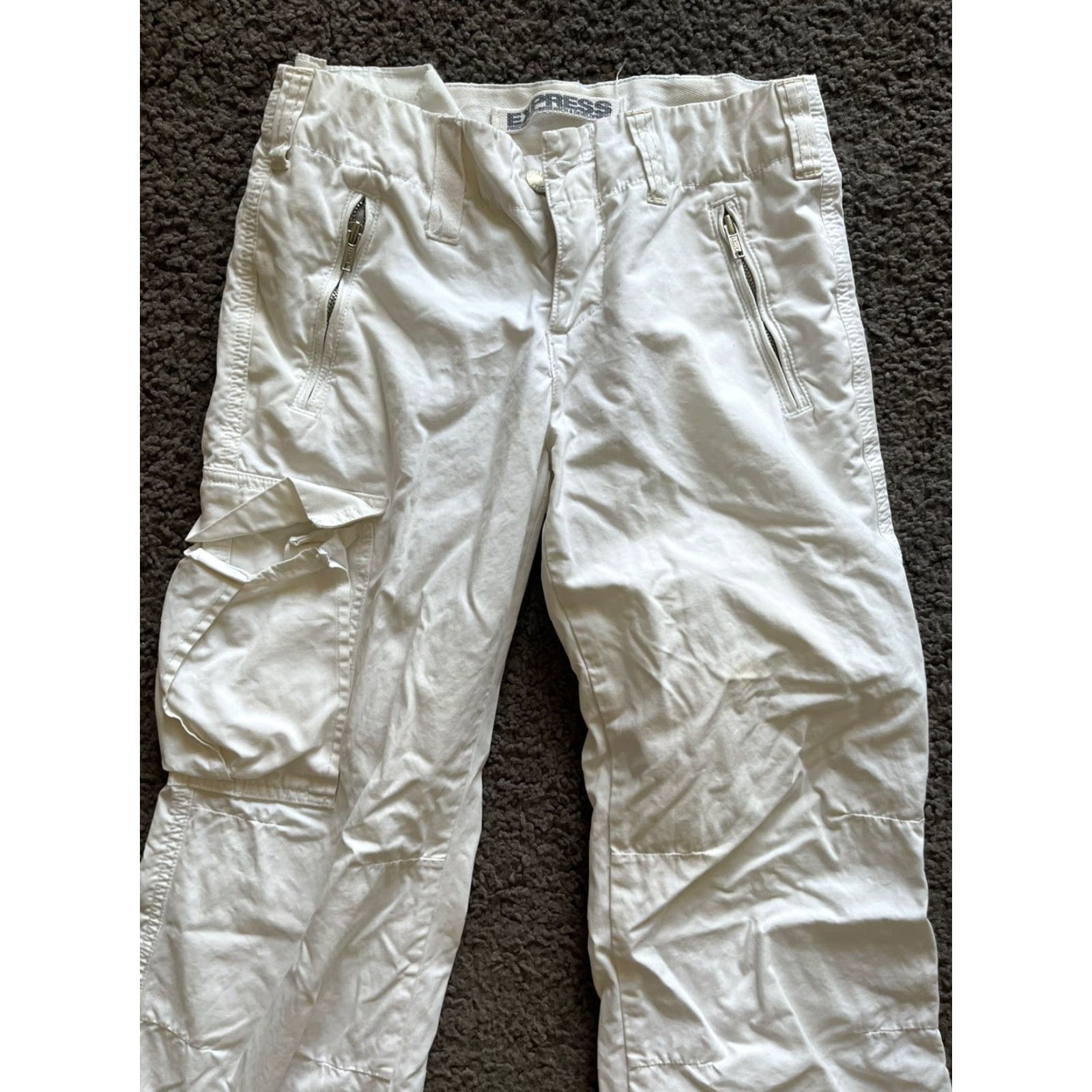 Express Express Jeans Capri White 29 Inseam Size 1/2 Charcoal Wash Zip Pockets Ankle Tie Belt Loops Distressed Regular Size Women Cotton Polyester Spandex Size 25" / US 0 / IT 36 - 2 Thumbnail