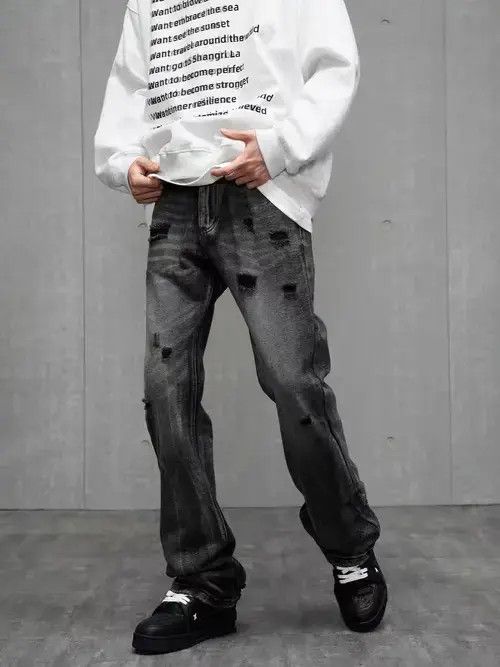 Japanese Brand × Jean High street ripped black and gray bootcut jeans Size US 32 / EU 48 - 1 Thumbnail