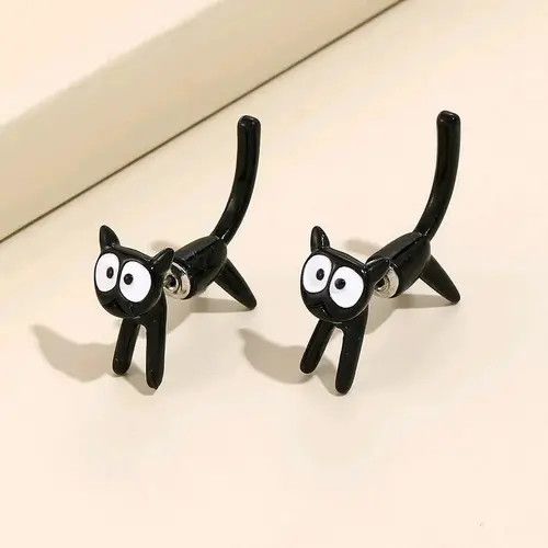 Vintage 3D Black Cat Stud Earrings Size ONE SIZE - 2 Thumbnail