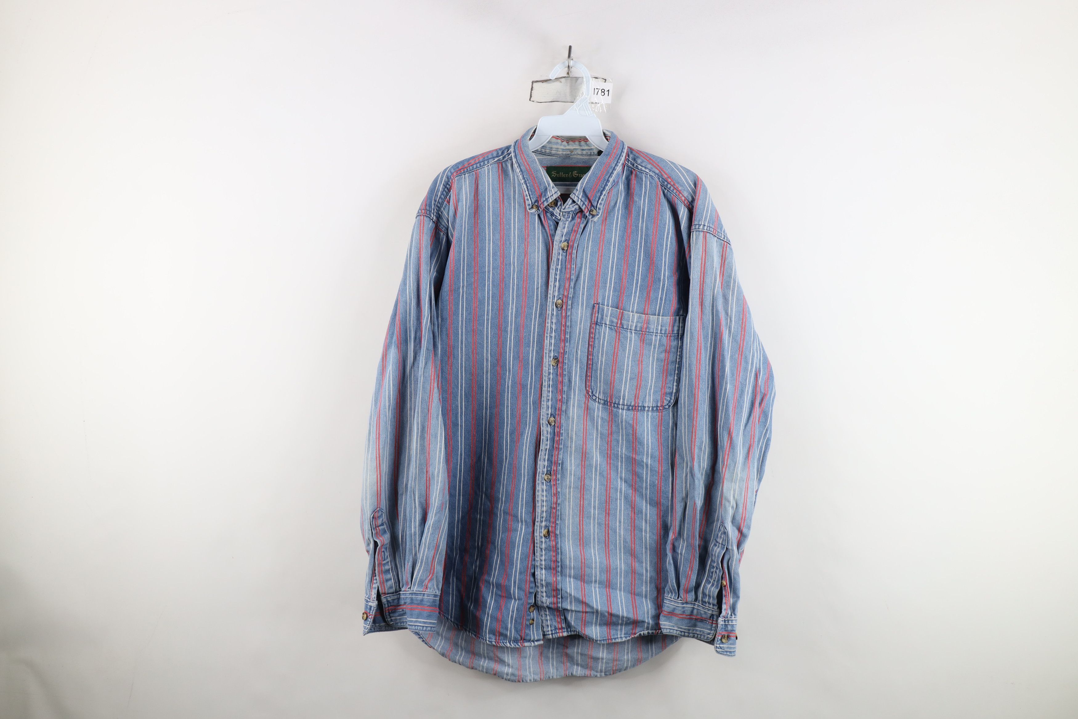 Vintage Vintage 90s Streetwear Striped Denim Jean Button Down Shirt Size US L / EU 52-54 / 3 - 1 Thumbnail