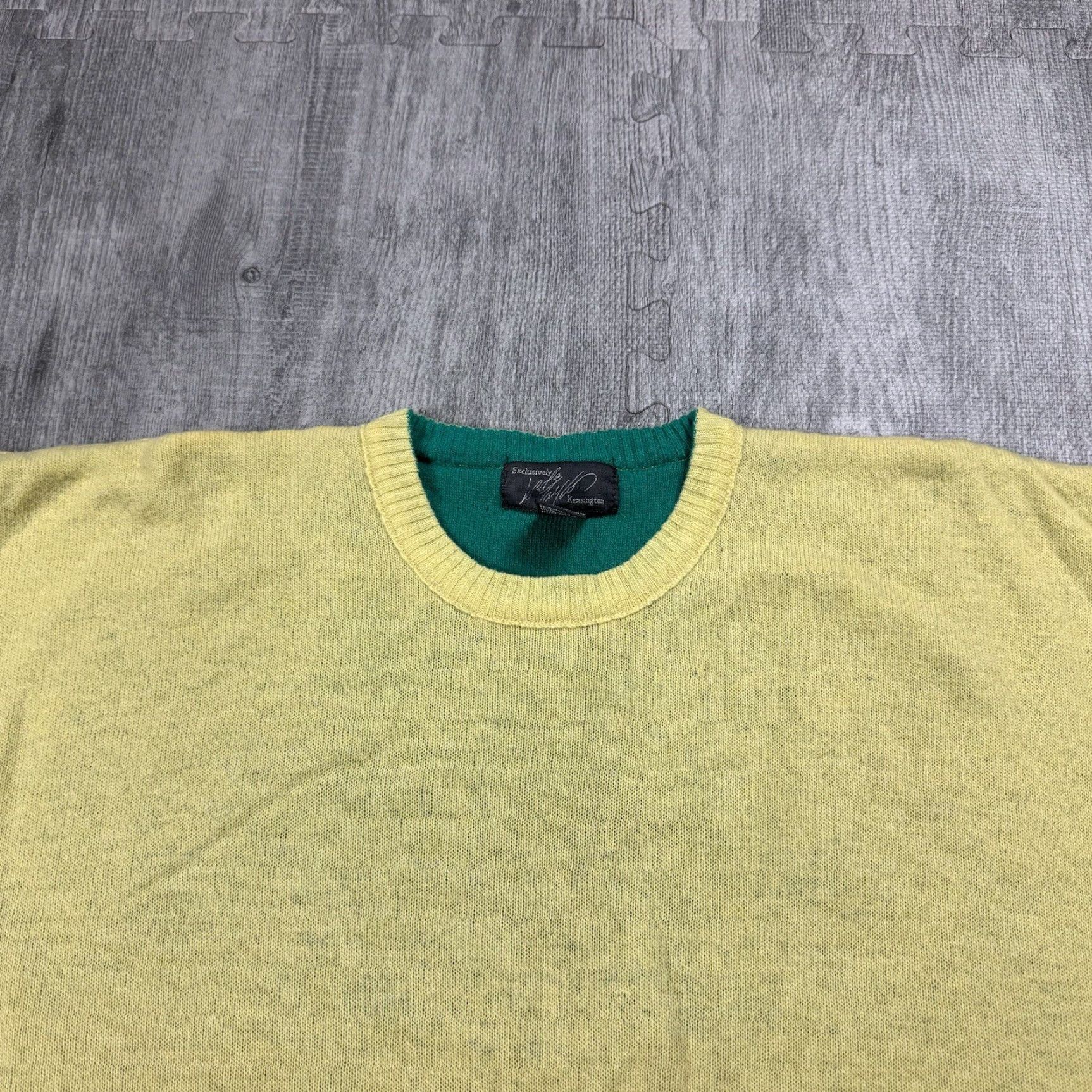 Lord & Taylor Vintage Lord & Taylor Men's Double Layer Waffle-Knit Cashmere Sweater XL Yellow Teal 90s Preppy Pullover Size US XL / EU 56 / 4 - 2 Thumbnail