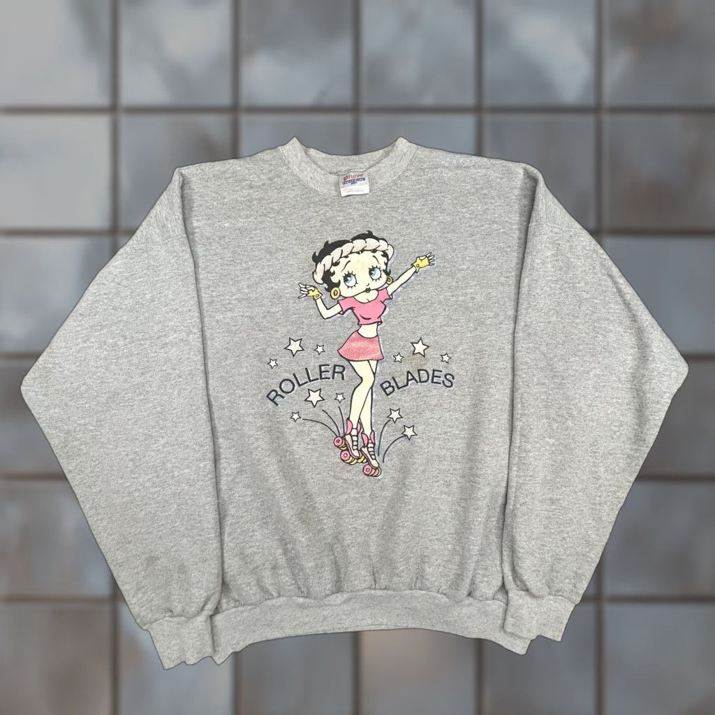 Hanes Vintage Betty Boop Roller Blades Sweatshirt Men XL Gray Glitter Graphic 90s Hanes Crew Neck Pullover Fleece Cotton Blend Size US XL / EU 56 / 4 - 1 Thumbnail