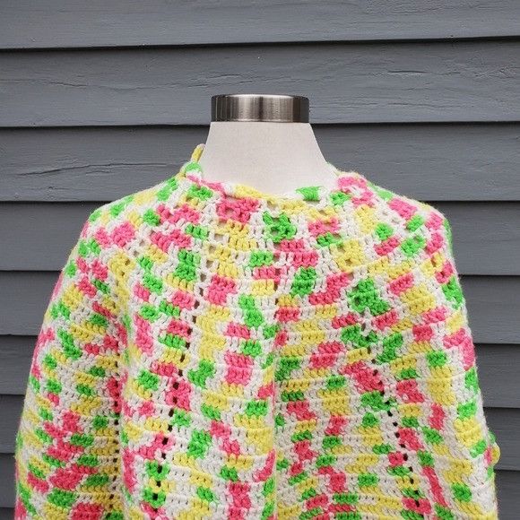 Handmade Handmade 80s Retro Neon Pink Green Yellow Poncho Cape One Si Size ONE SIZE - 4 Thumbnail