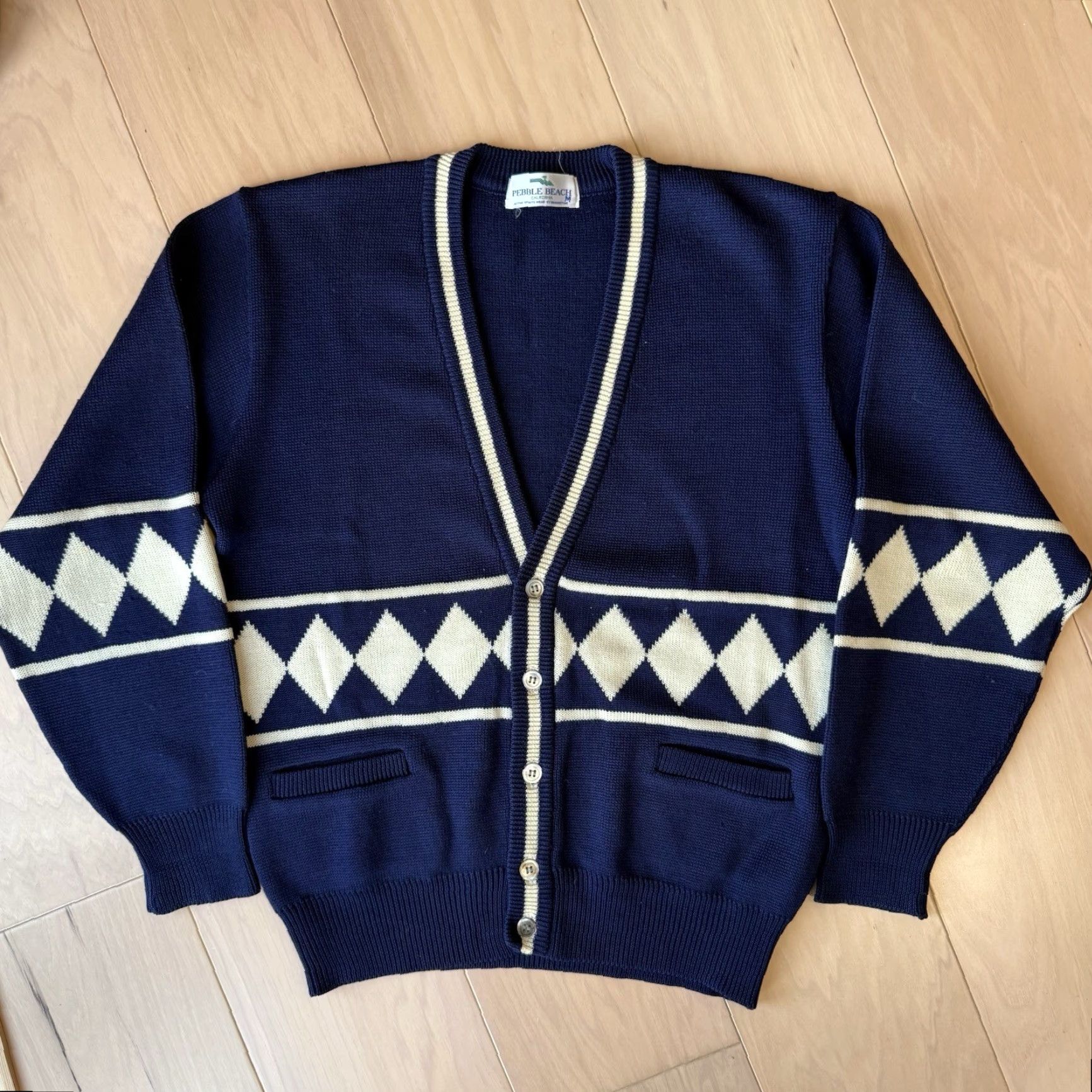 Vintage VINTAGE Pebble Beach Cardigan Mens M Blue Wool Knit Diamond Argyle 80s Golf Jazz Size US M / EU 48-50 / 2 - 2 Thumbnail
