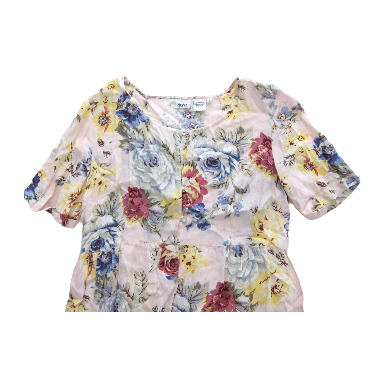 Vintage VINTAGE Together Dress Cottage Rose Floral Button Down Rayon 8 Pink Blue Yellow Size M / US 6-8 / IT 42-44 - 3 Thumbnail