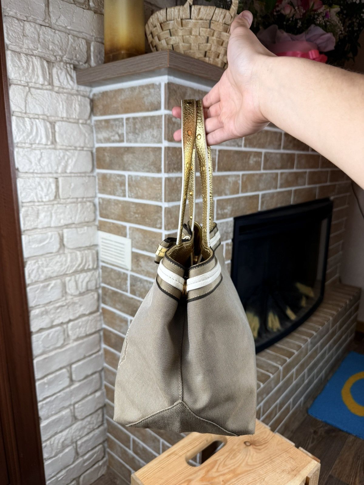 Prada Prada Brown Logo Jacquard Canvas Mettalic Gold Handle Bag Size ONE SIZE - 4 Thumbnail