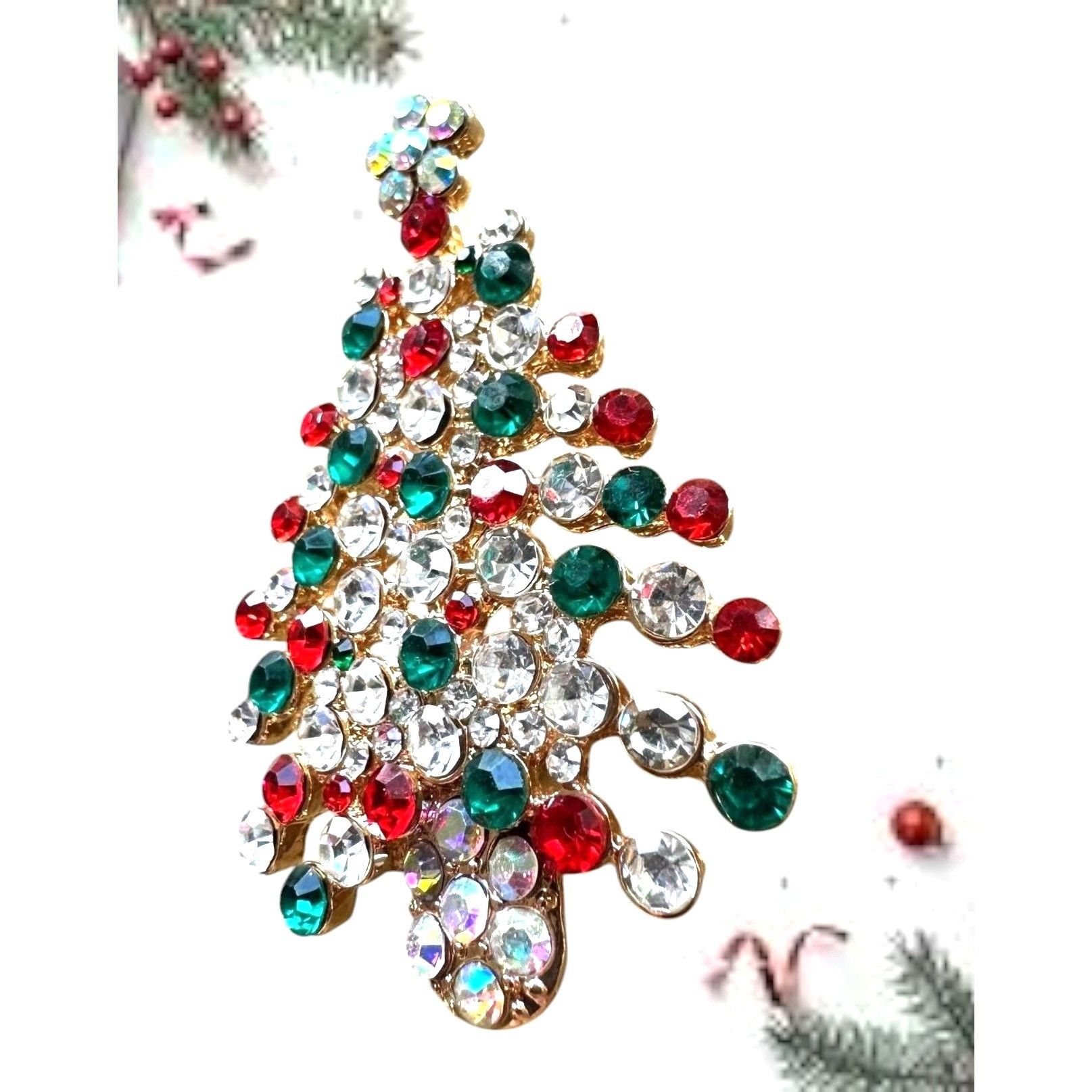 Handmade Rhinestone Christmas Tree Brooch Pin New Aurora Borealis Re Size ONE SIZE - 4 Thumbnail