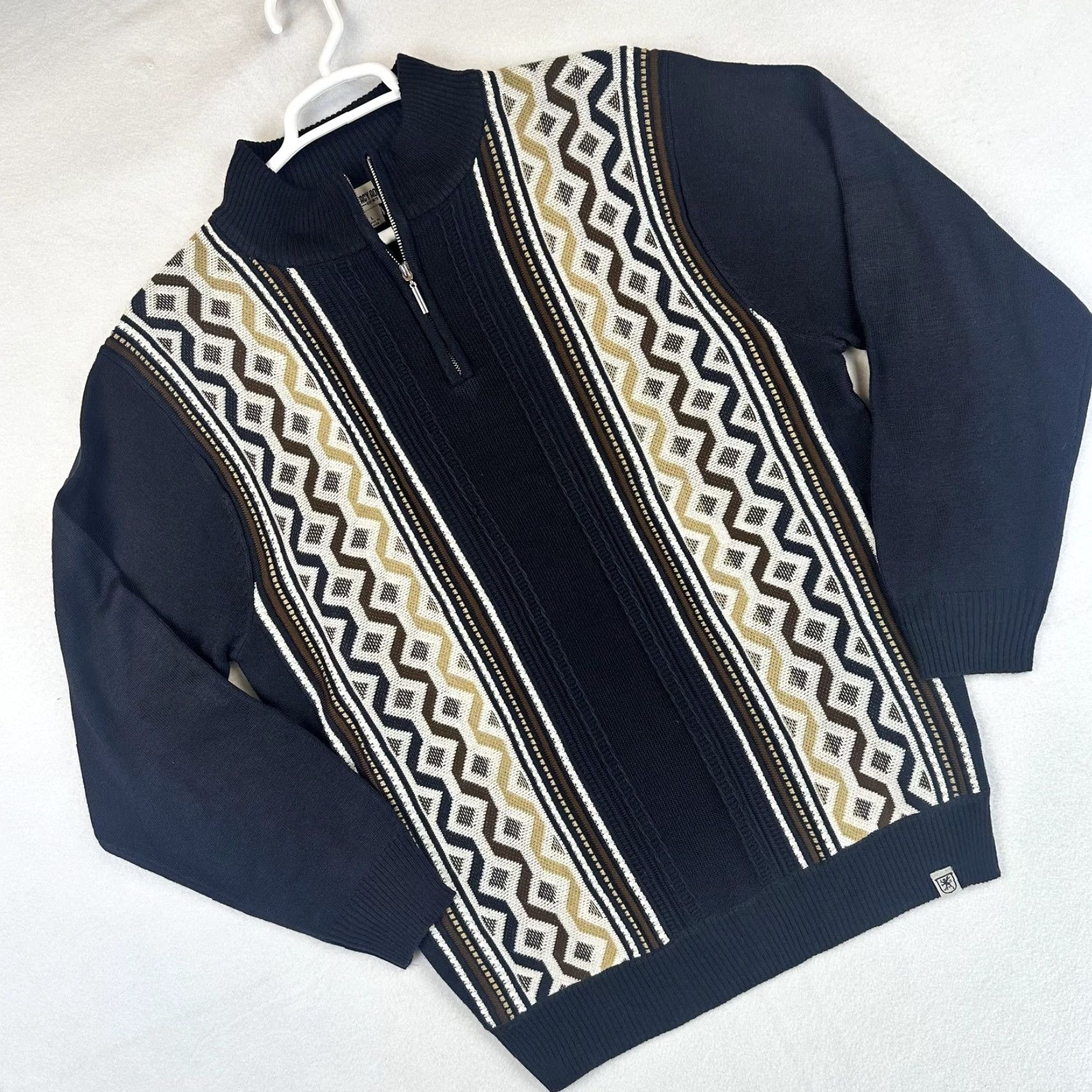 Stacy Adams Stacy Adams Sweater Mens Large Black Geometric Knit Half Zip Mock Neck Pullover - 1/4 Zip, All Seasons Size US L / EU 52-54 / 3 - 2 Thumbnail