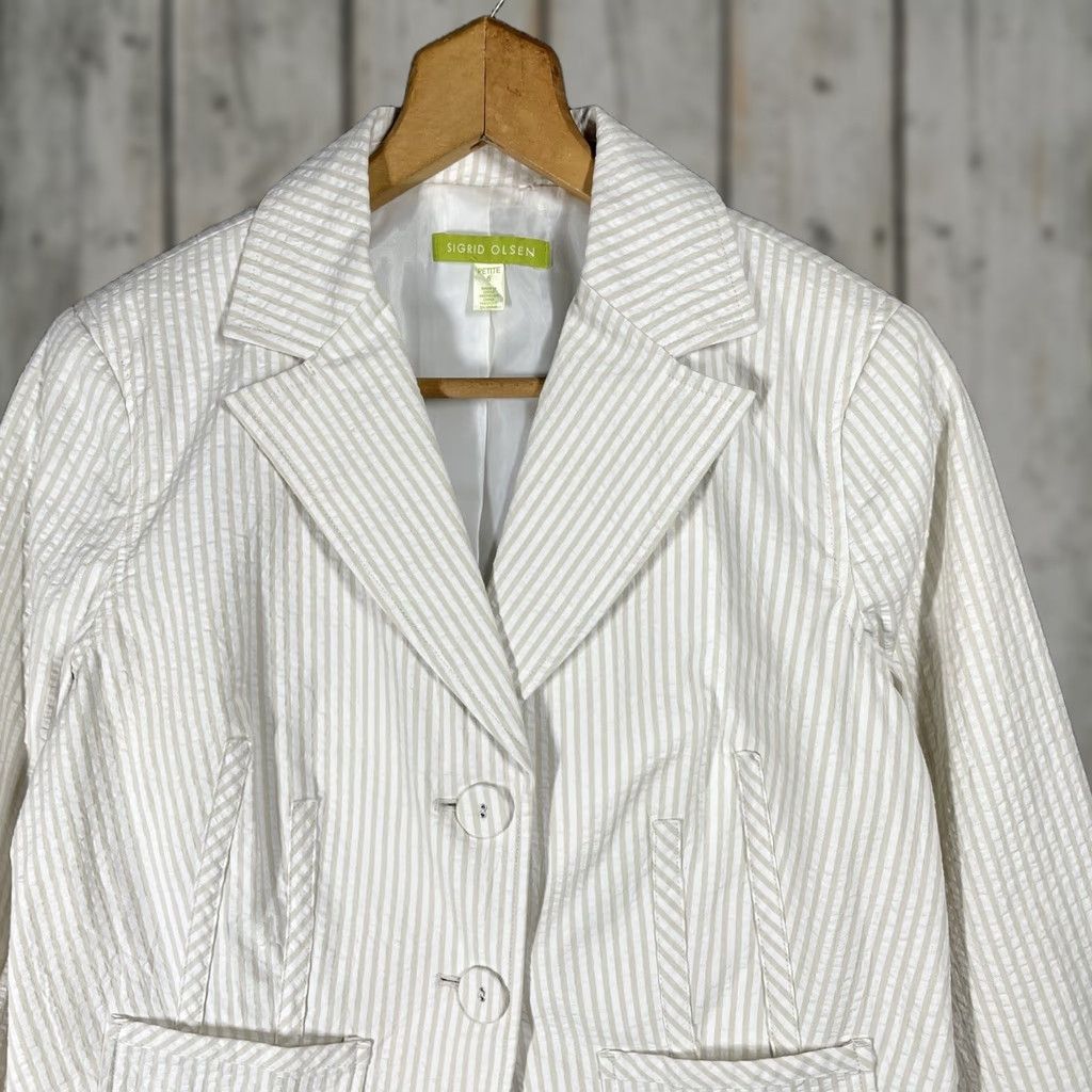 Vintage Sigrid Olsen Blazer Jacket Womens Petite 6 Seersucker Striped Summer Ivory Long Sleeve Seamless Size M / US 6-8 / IT 42-44 - 1 Thumbnail