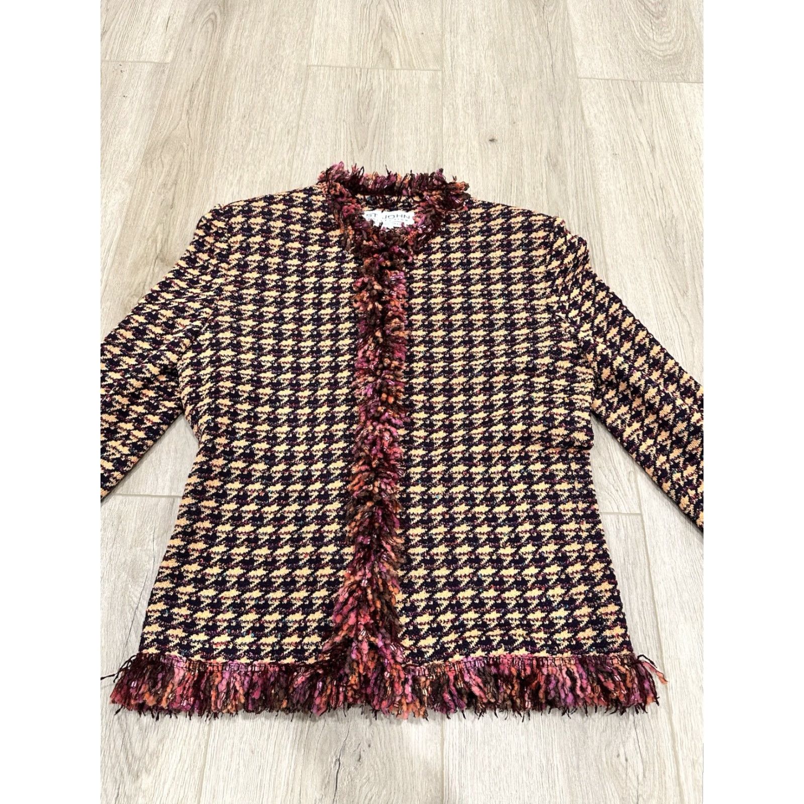 Vintage St John Collection Blazer Women's Size 2 Houndstooth Tweed Knit Mid-Length Lightweight Hook Closure USA Size XS / US 0-2 / IT 36-38 - 3 Thumbnail