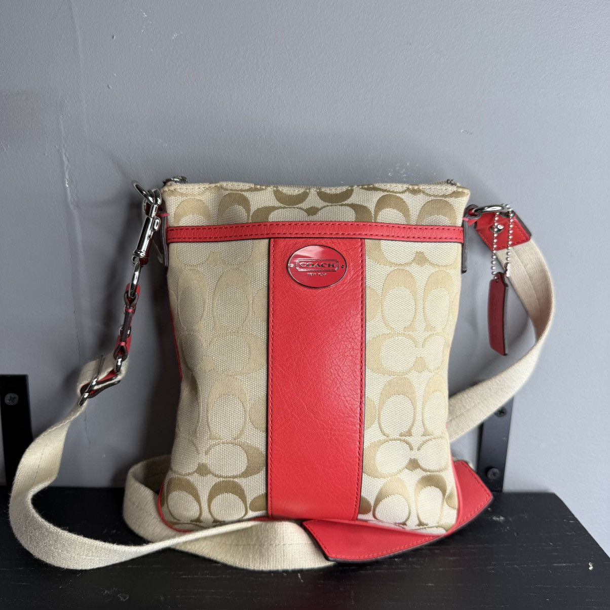 Coach Coach Khaki Signature Canvas Crossbody with Red Leather Trim Size ONE SIZE - 1 Thumbnail
