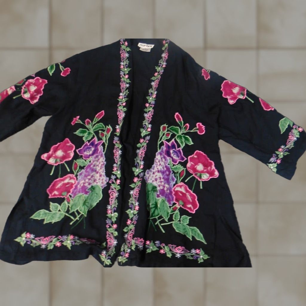 Vintage Marisol Blouse Womens L Black Floral Rayon Open Chest Long Sleeve Collared Casual Basic Regular Shirt Size L / US 10 / IT 46 - 1 Thumbnail