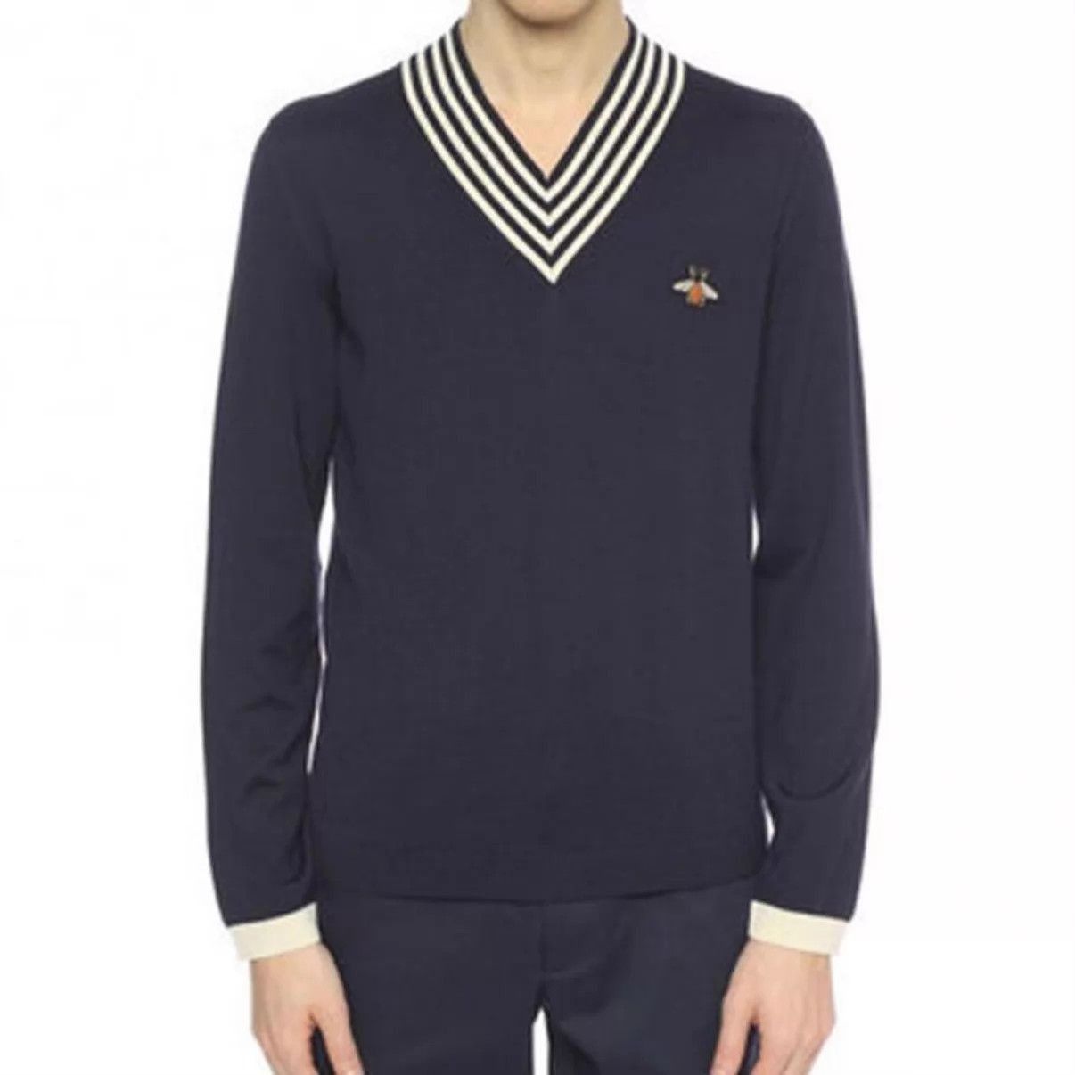 Gucci Blue V-Neck Knit Sweater with Striped Collar & Bee Size US XS / EU 42 / 0 - 6 Thumbnail