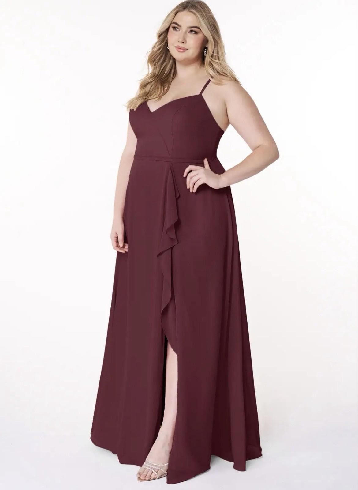 Other Azazie Burgundy Cabernet A-Line V-neck Ruffle Chiffon A16 Size XXL / US 16-18 / IT 52-54 - 4 Thumbnail