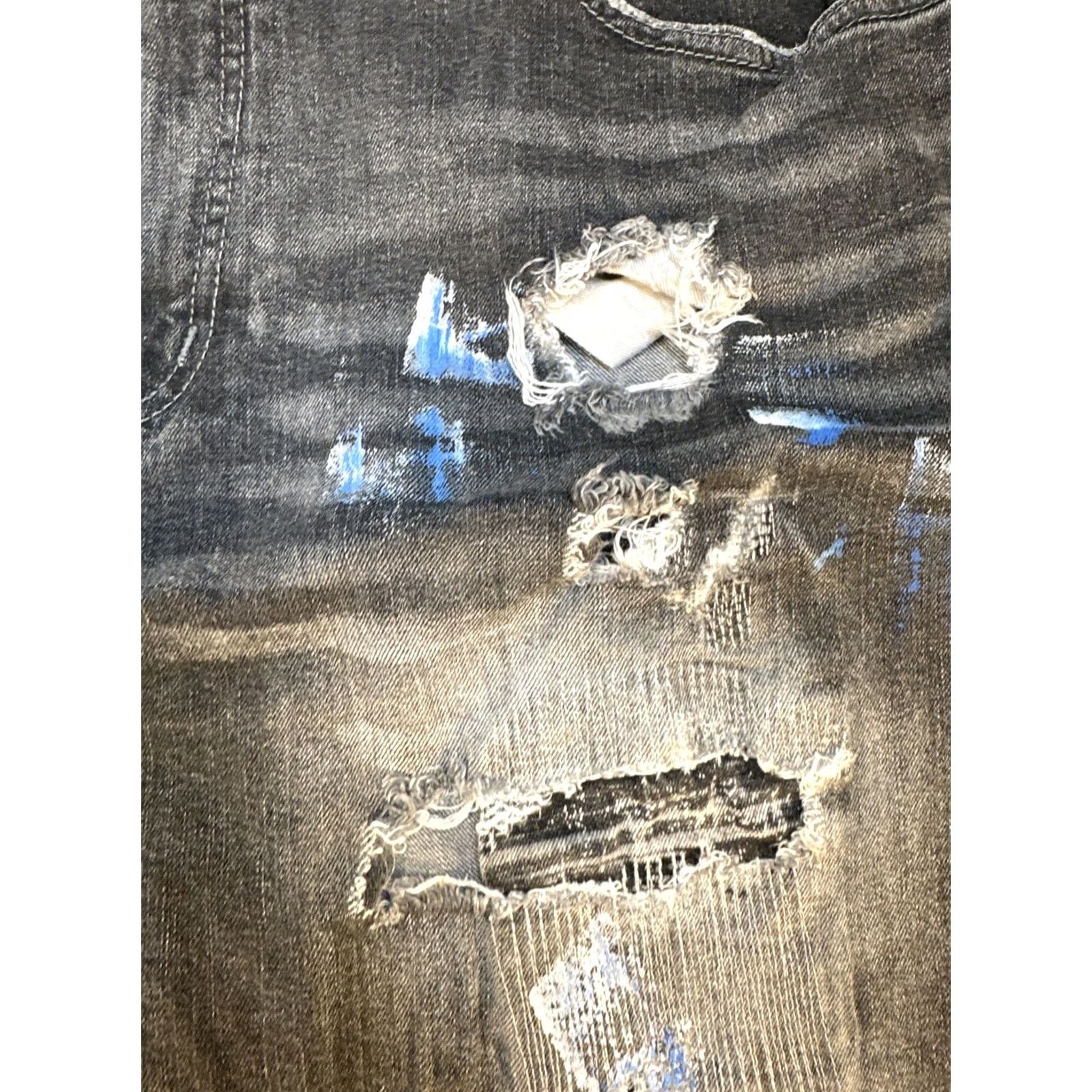 Vintage Focus Jeans Men Straight Distressed Black Blue White Paint 38x32 30in Inseam Mens Regular Fit Size US 34 / EU 50 - 4 Thumbnail
