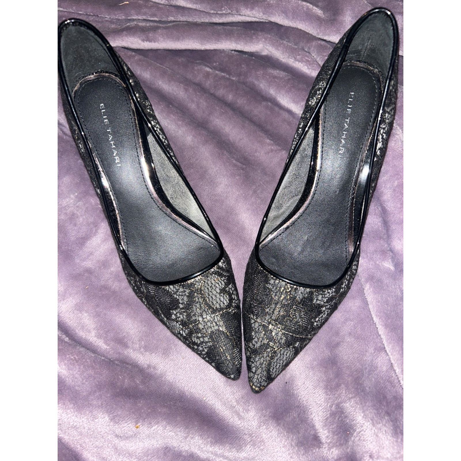 Elie Tahari Pointed Toe Heels Black With Gold Trim Lace Pump