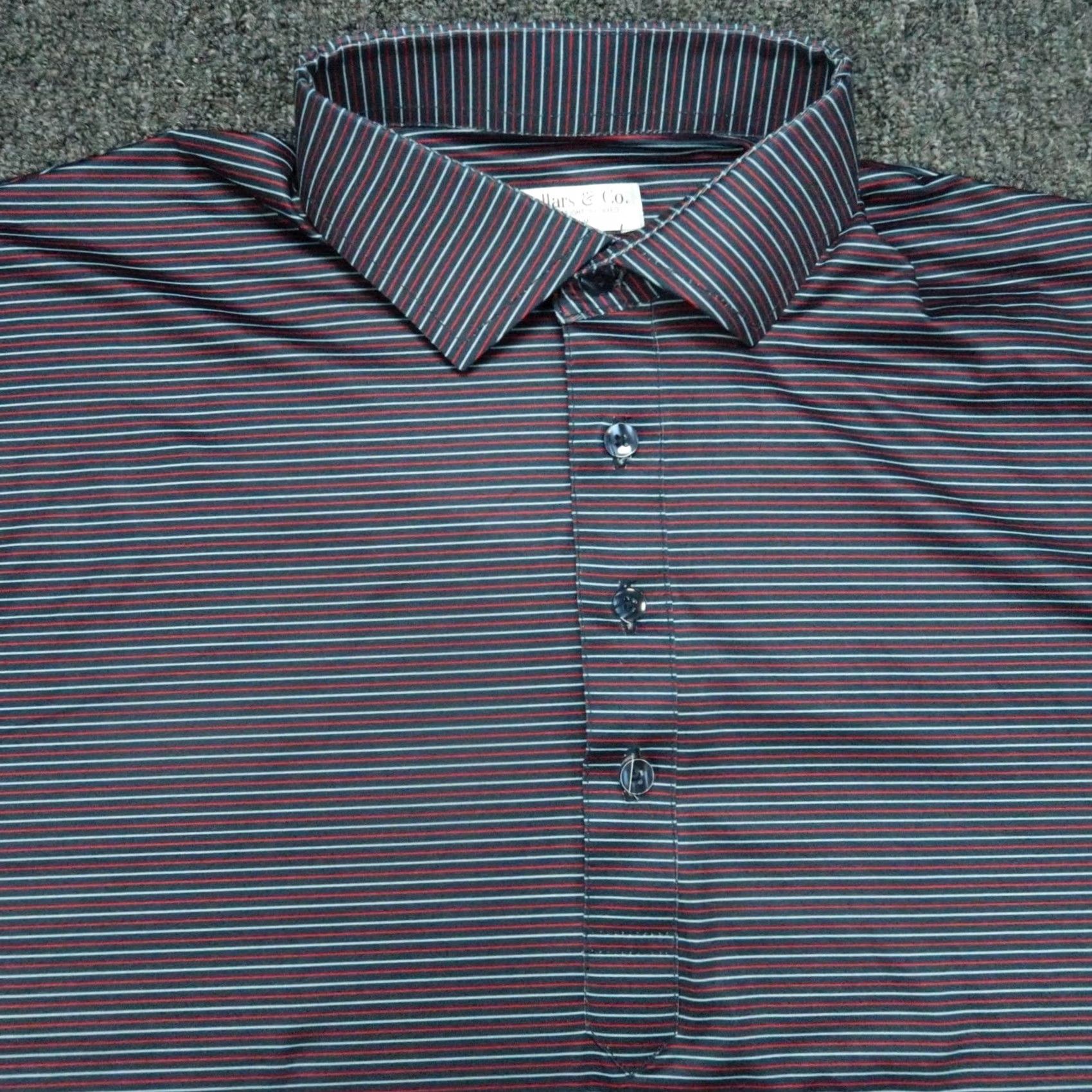 CO Collars & Co. Shirt Mens Medium Blue Striped Polo Short Sleeve Dress Collar Satin/Stretch Polyester Spandex Size 40R - 2 Thumbnail