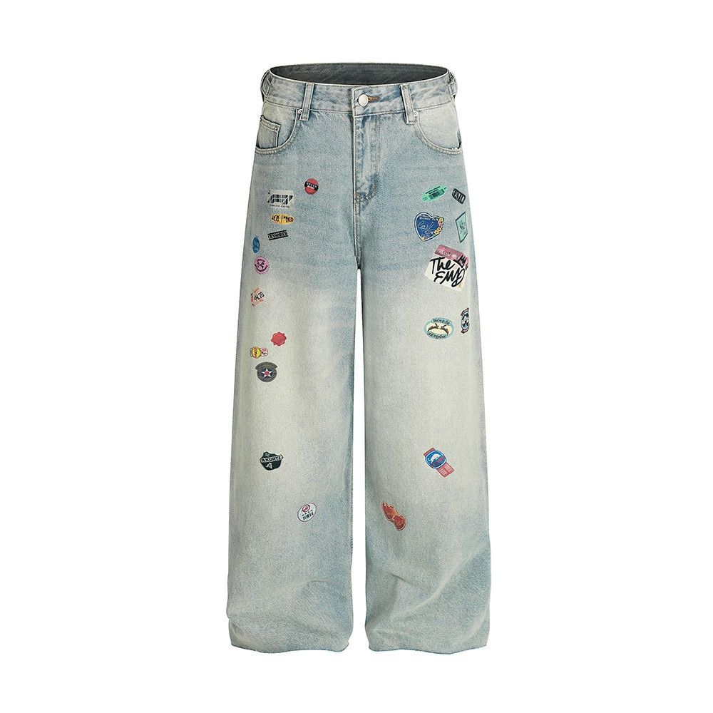 Jean Retro punk men's street loose fun cartoon print washed jeans Size US 32 / EU 48 - 1 Thumbnail