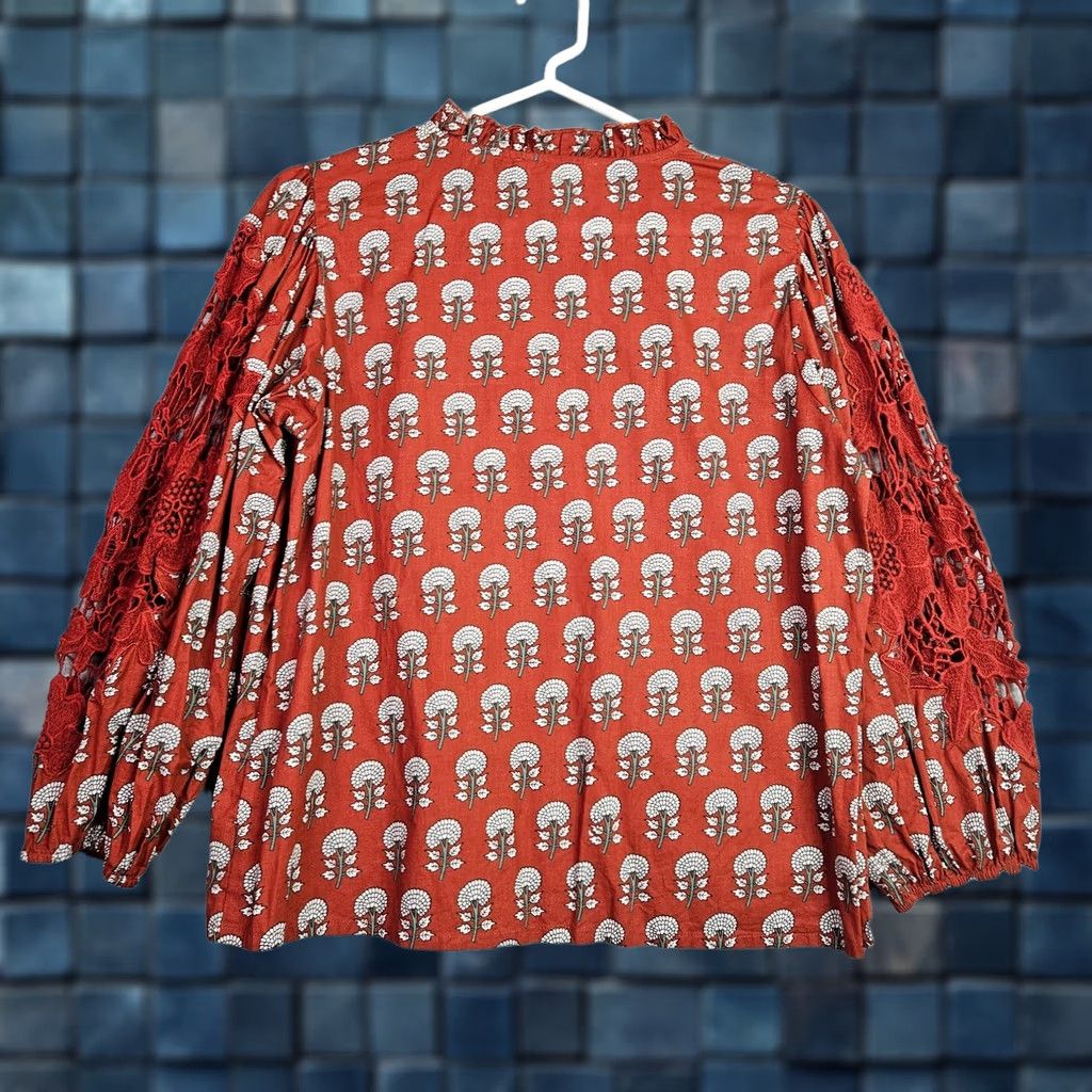 Rusty Solitare Blouse Women's Regular Size M Red Floral Lace Crochet Sleeve Knit Cotton Blend Shirt Size M / US 6-8 / IT 42-44 - 1 Thumbnail