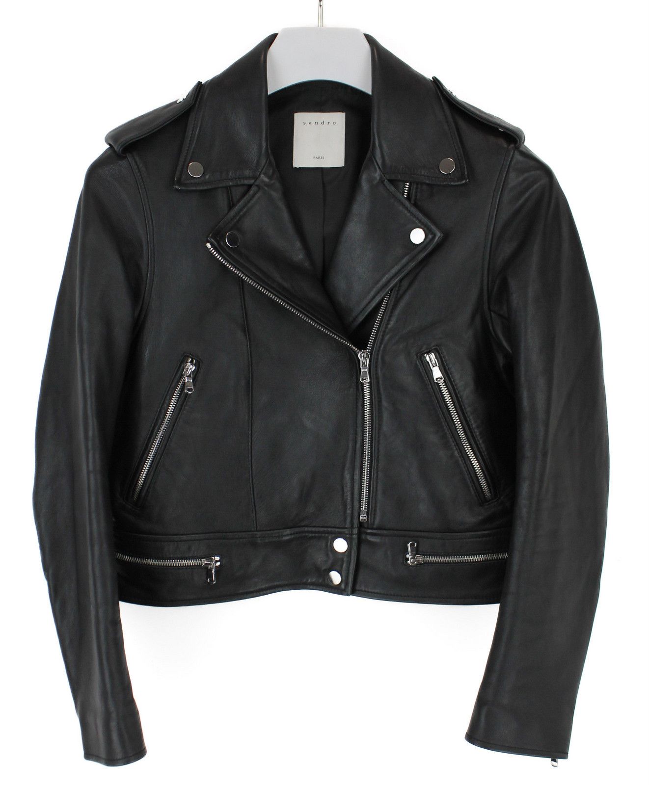 Sandro SANDRO Jacket Women's MEDIUM Cropped Leather Biker Pockets Size M / US 6-8 / IT 42-44 - 1 Thumbnail