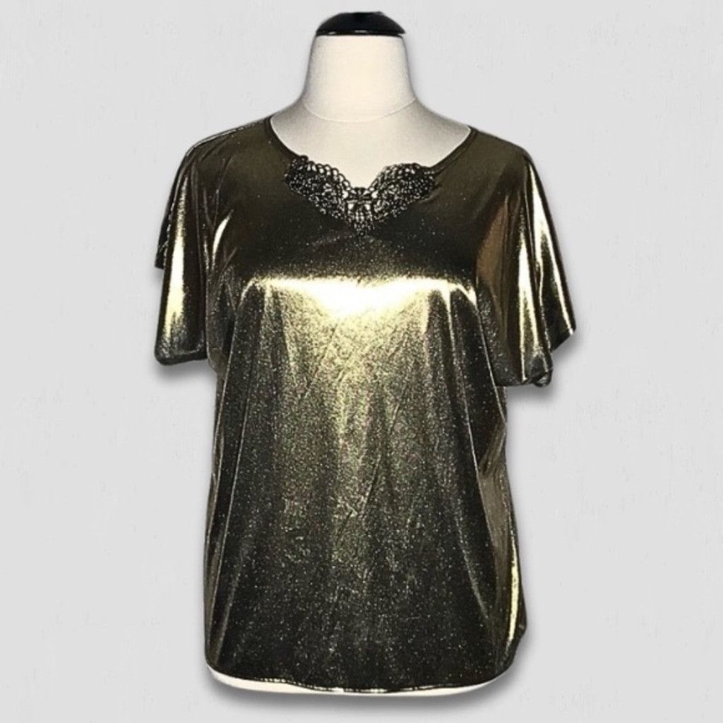 Vintage Blouse Lace Neckline Detail Metallic Shiny Stretch Gold XL Size XL / US 12-14 / IT 48-50 - 1 Thumbnail