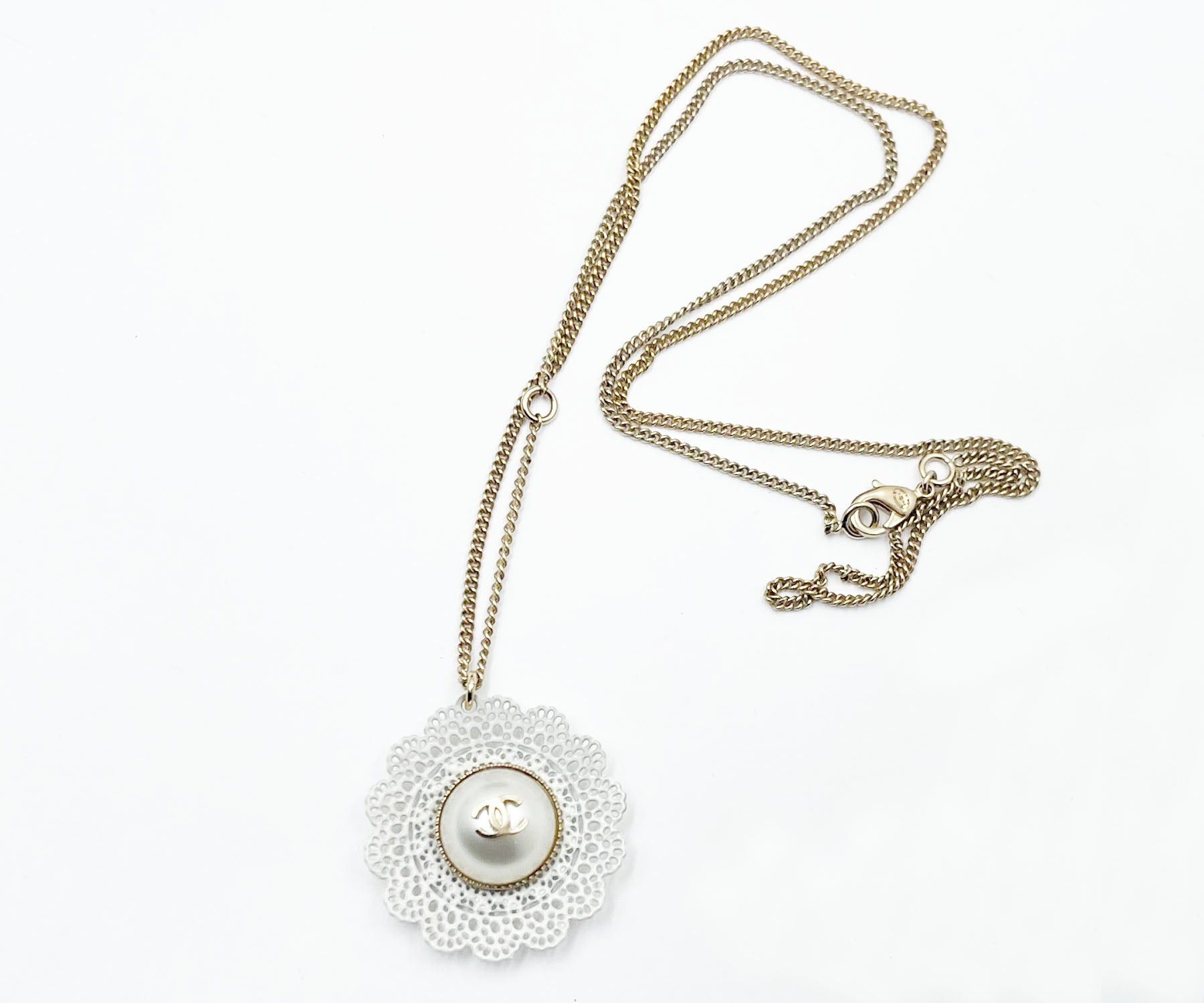image of Chanel Gold Cc Lace Flower Pearl Necklace, Women's