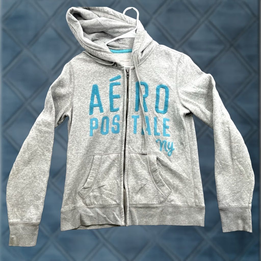 Vintage Y2K Aeropostale Zip Up Hoodie Gray Teal Embroidered Stitched On Women's Size L Size L / US 10 / IT 46 - 1 Thumbnail
