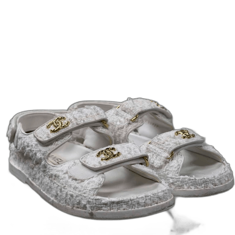 Chanel CHANEL White Tweed Velcro Sandals with Gold Buckles Size US 7 / IT 37 - 1 Thumbnail