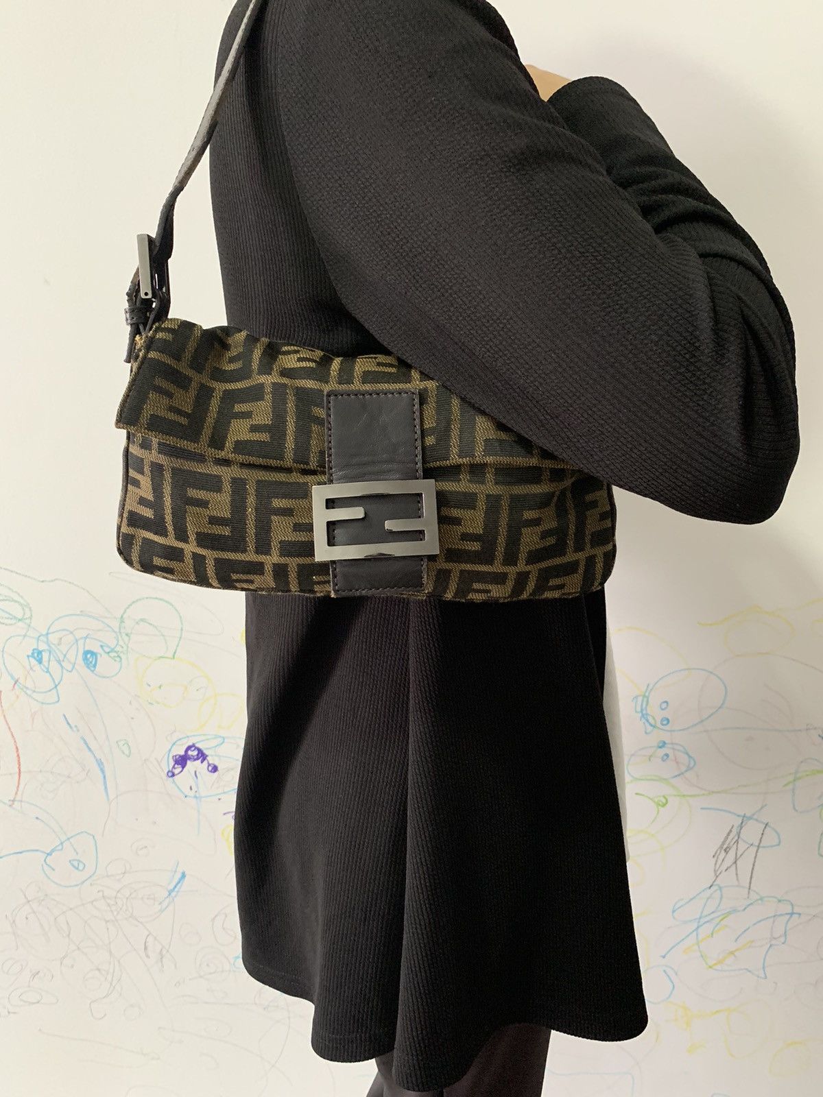 Fendi Baguette Monogram Shoulder Bag in Black, Women's
