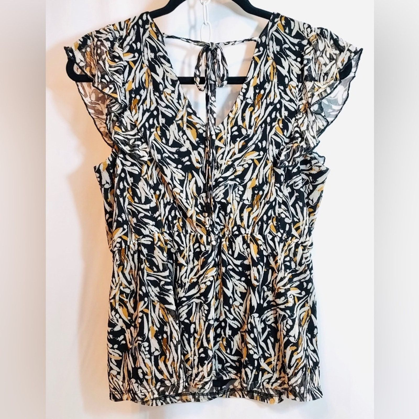 Other AUW Multicolor Black Brown White Abstract Ruffle Blouse Top Size M / US 6-8 / IT 42-44 - 4 Thumbnail