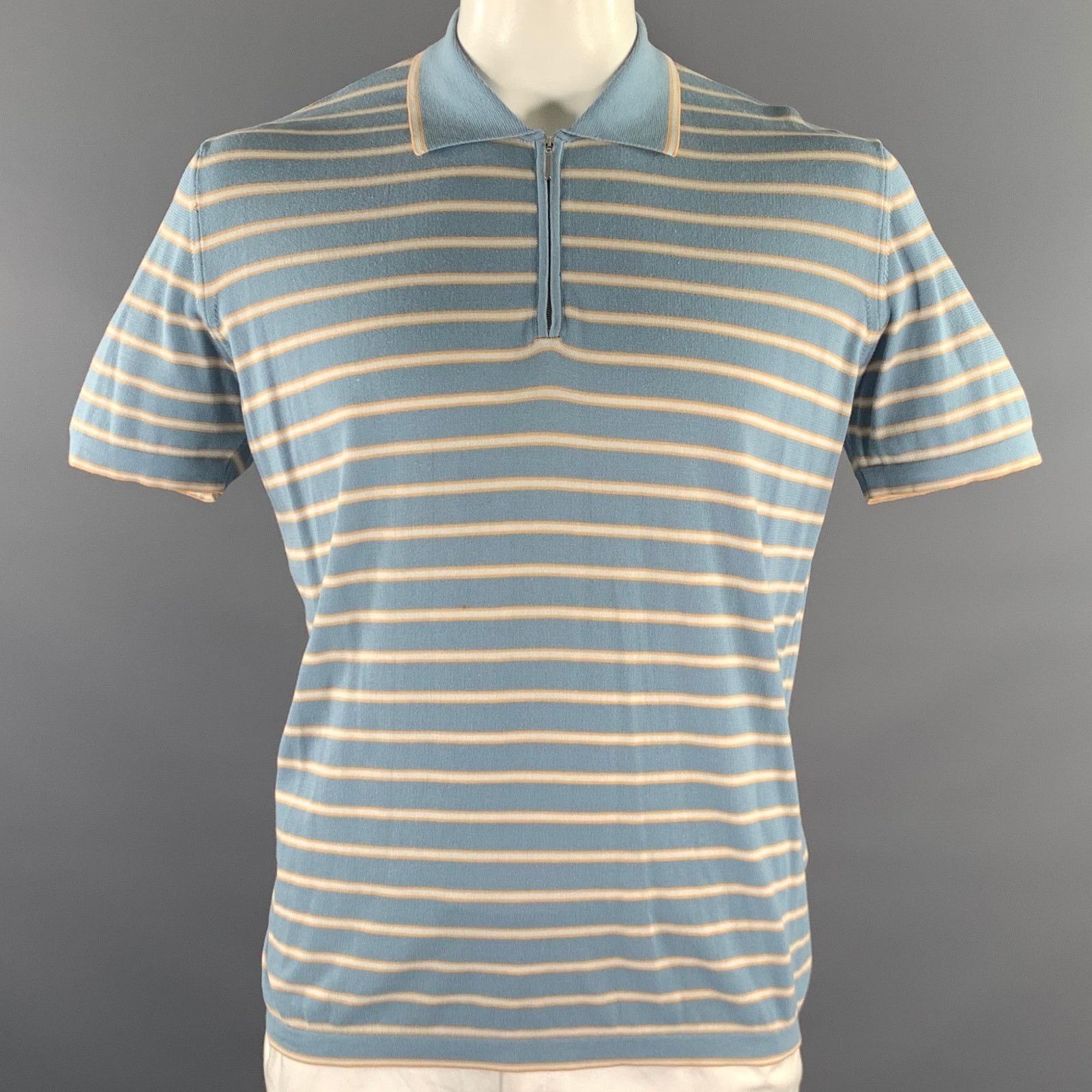 Ermenegildo Zegna ZEGNA L Blue Orange White Stripe Cotton Quarter Zip Polo Size US L / EU 52-54 / 3 - 1 Thumbnail