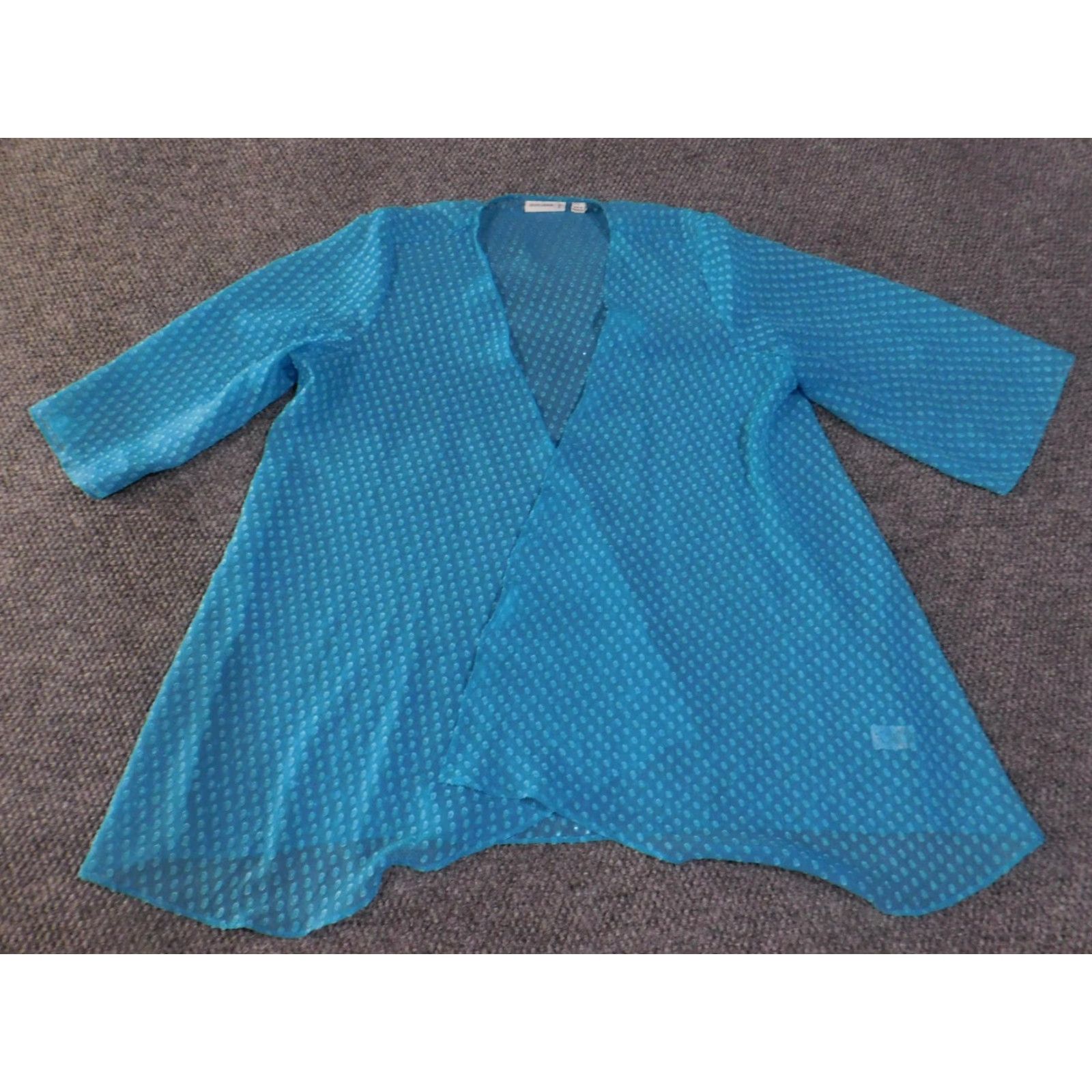 Vintage Susan Graver Blouse Kimono Cardigan Womens L Blue 3/4 Sleeve Sheer Open Front Topper Polka Dot Lightweight Open Front Size L / US 10 / IT 46 - 5 Thumbnail