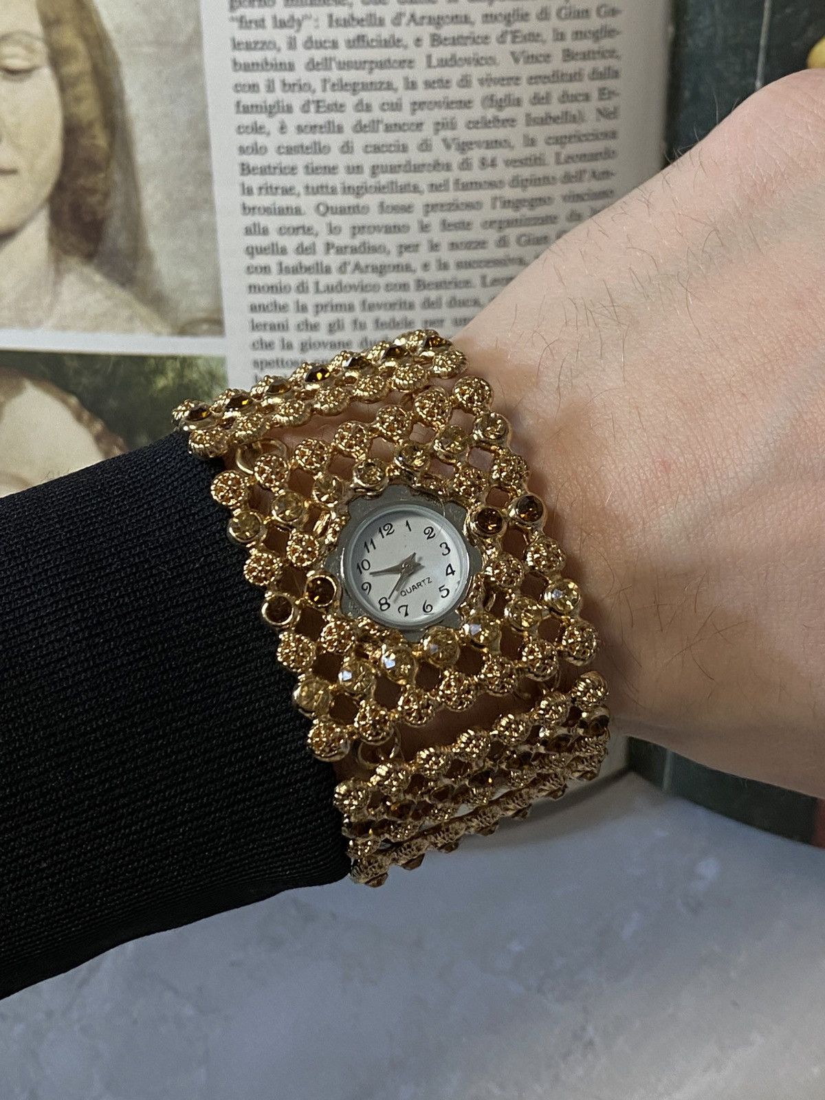 Japanese Brand Vintage Gold Baroque Amber Rhinestone Cuff Watch Size ONE SIZE - 6 Thumbnail