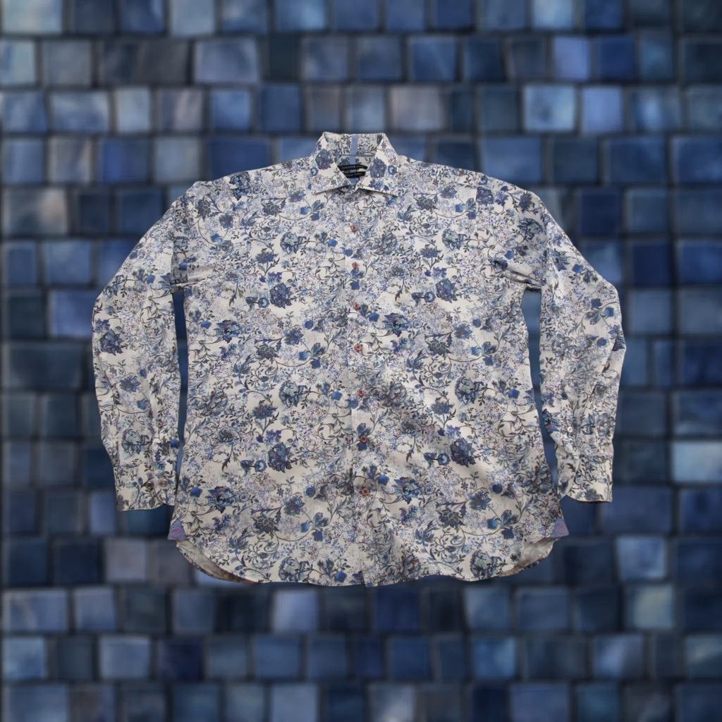 Vintage HAMMER MADE Button-Down Dress Shirt Mens Floral Blue 100% Cotton 42/16.5 Size 42R - 1 Thumbnail
