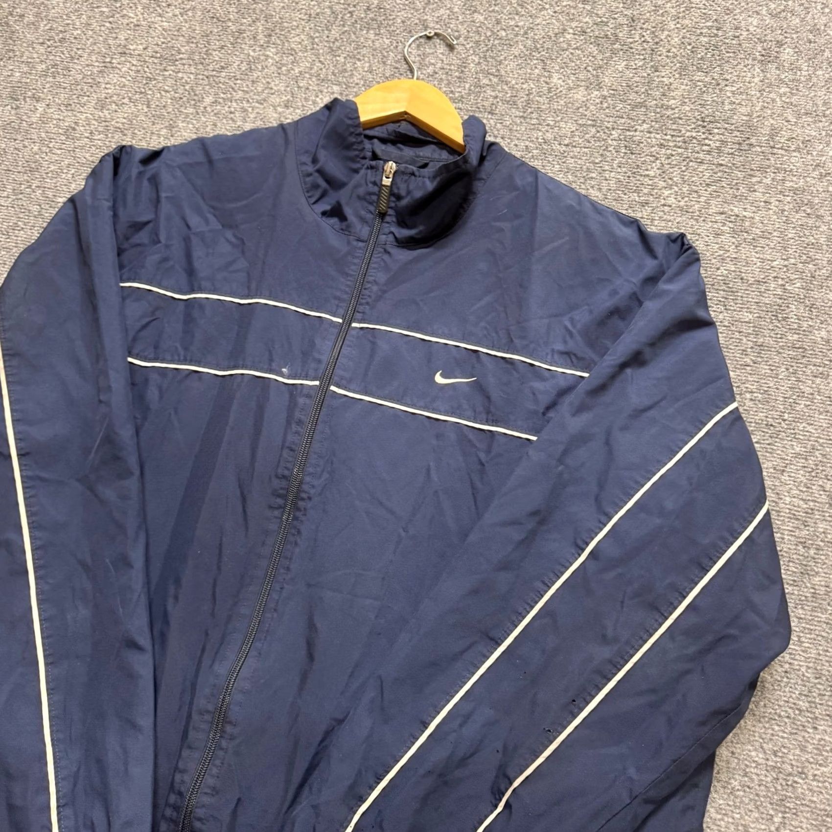 Nike VTG Nike Windbreaker Jacket 2XL Navy Blue Fullzip Striped Nylon Mens Size US XXL / EU 58 / 5 - 2 Thumbnail