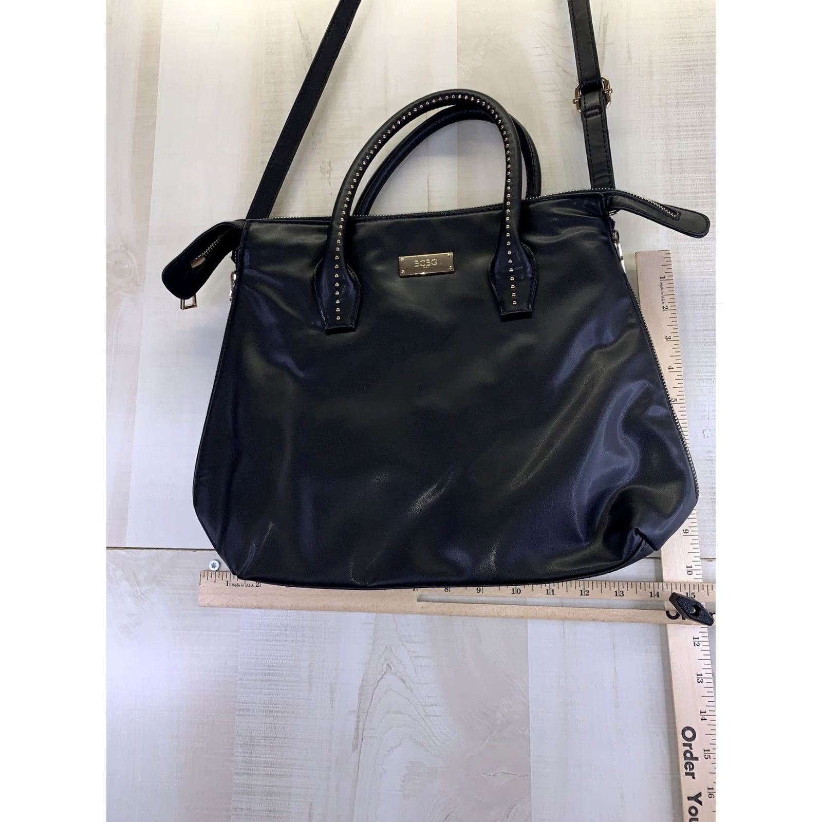 Bcbgmaxazria BCBGMAXAZRIA Satchel/Top Handle Bag Womens Purse Black Faux Leather Gold Studded Double Handles Medium Size ONE SIZE - 3 Thumbnail