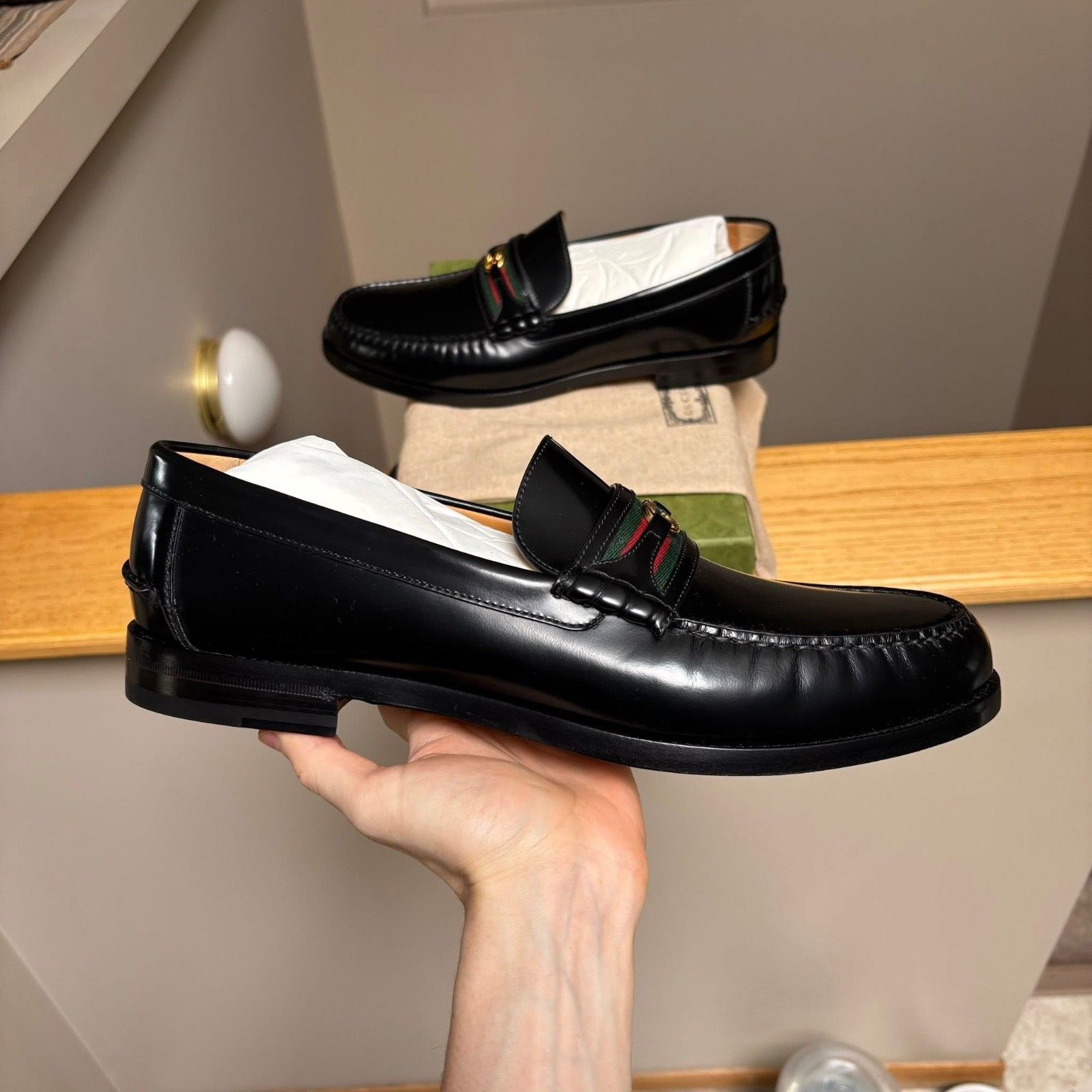 Gucci Gucci Black Leather Web Interlock Loafers - MSRP: $1000 Size US 13 / EU 46 - 2 Thumbnail
