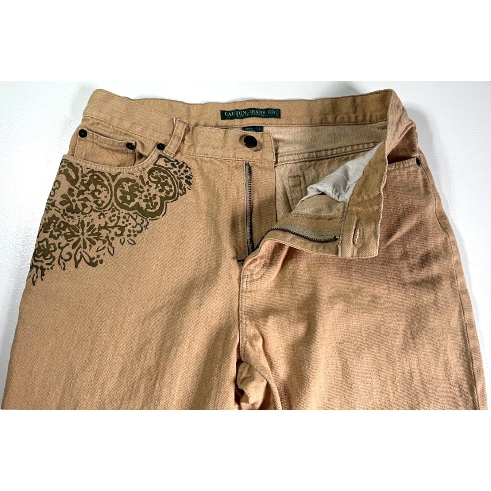 Ralph Lauren VINTAGE Lauren Ralph Lauren Women's Floral Stencil Flared Jeans Sz 8 Tan 90s Boho Jeans Size 30" / US 8 / IT 44 - 5 Thumbnail