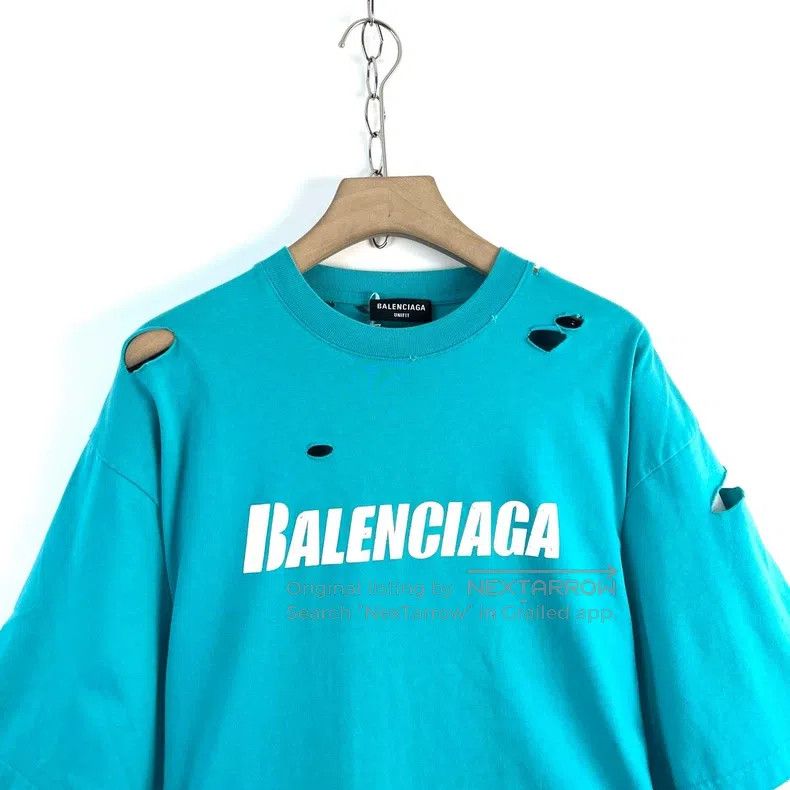 Balenciaga Balenciaga Blue ripped print logo round-neck T-shirt Size US XS / EU 42 / 0 - 3 Thumbnail