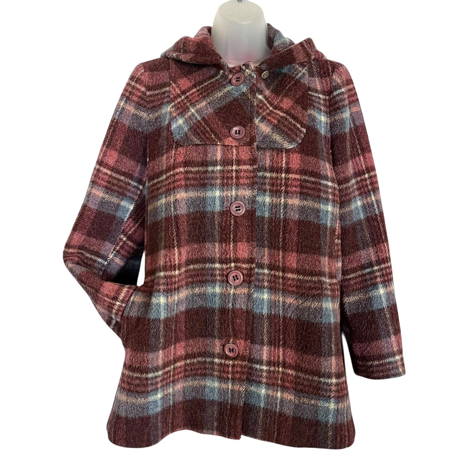 Vintage 1960s Smart Modes of California Plaid Wool Hooded Peacoat Size S / US 4 / IT 40 - 1 Thumbnail