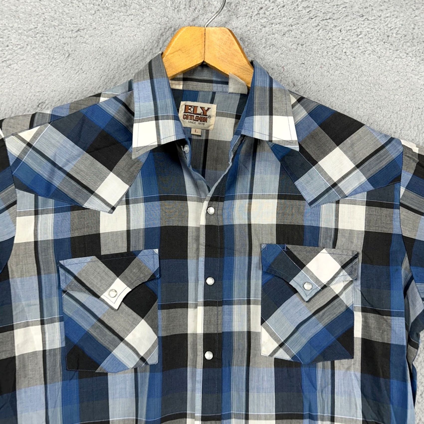 Vintage Ely Cattleman Adult Men Large Blue Grey Plaid Western Shirt Pearl Snap Button Up Size US L / EU 52-54 / 3 - 2 Thumbnail