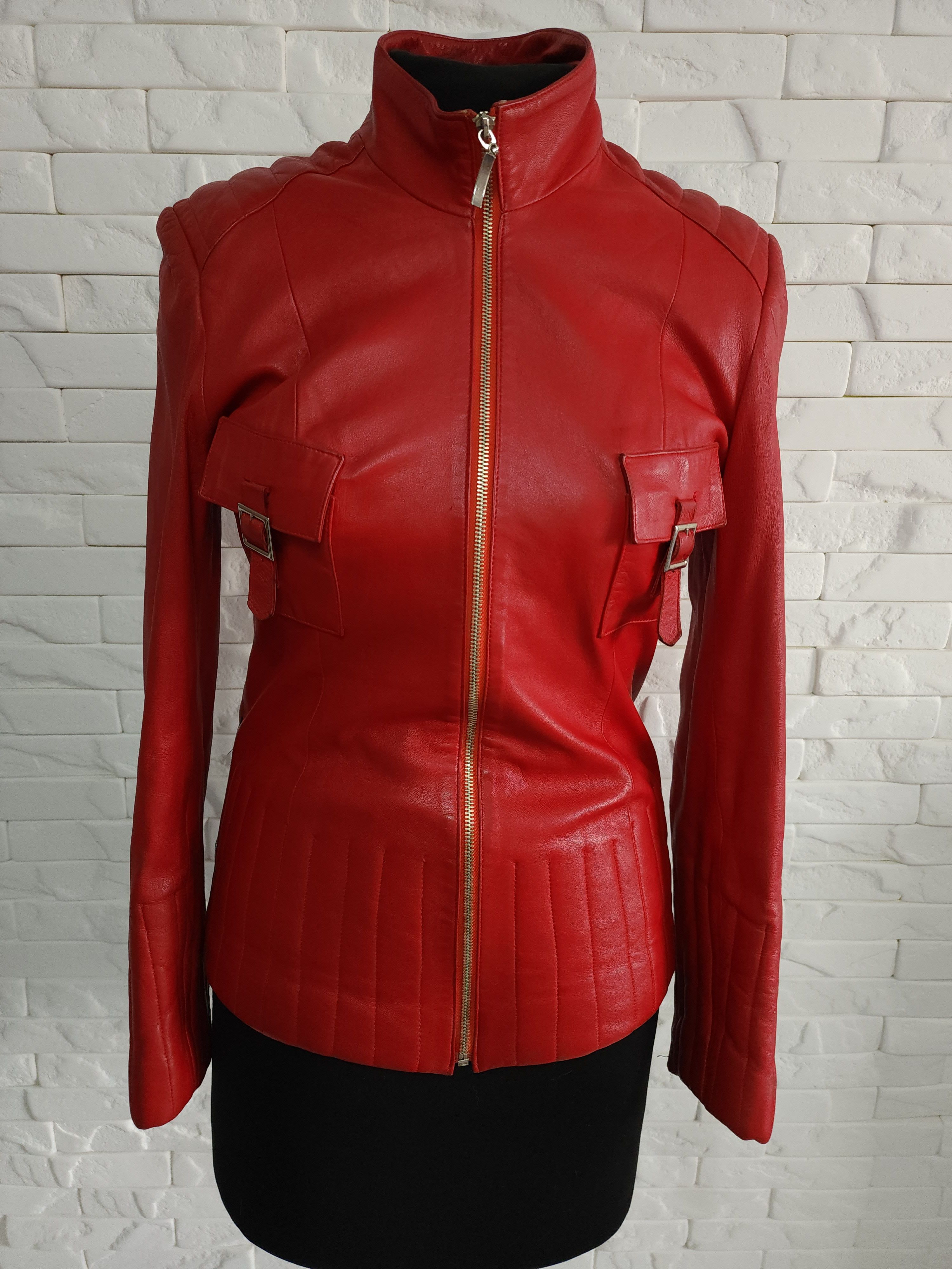 Genuine Leather Stylish women's red leather jacket with a metal zipper. Size M / US 6-8 / IT 42-44 - 1 Thumbnail