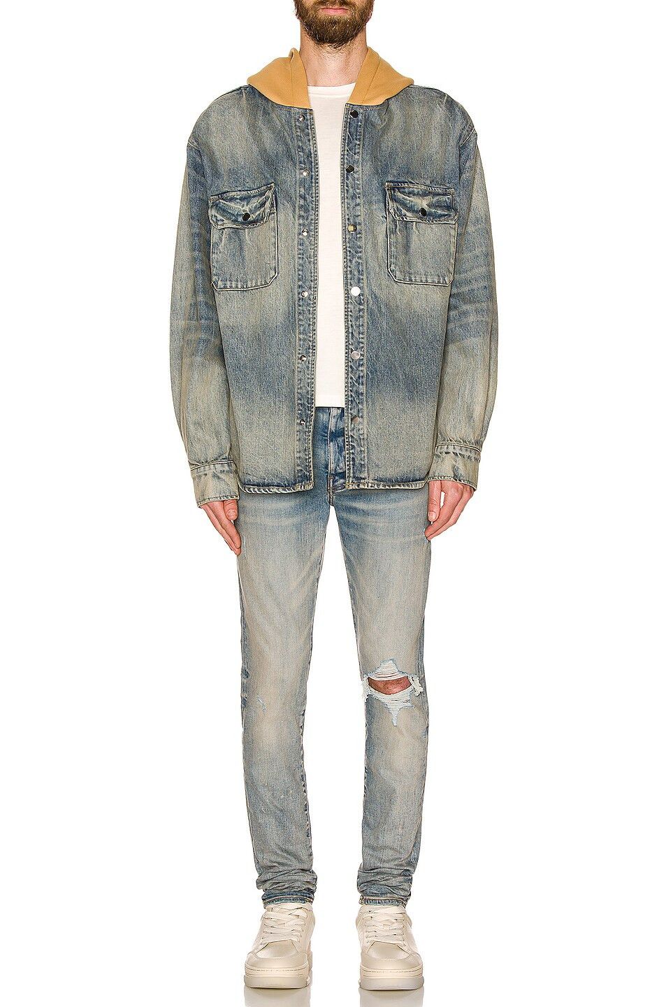 Amiri o1y0525 Logo Denim Hooded Shirt in Light Blue Size US M / EU 48-50 / 2 - 4 Thumbnail