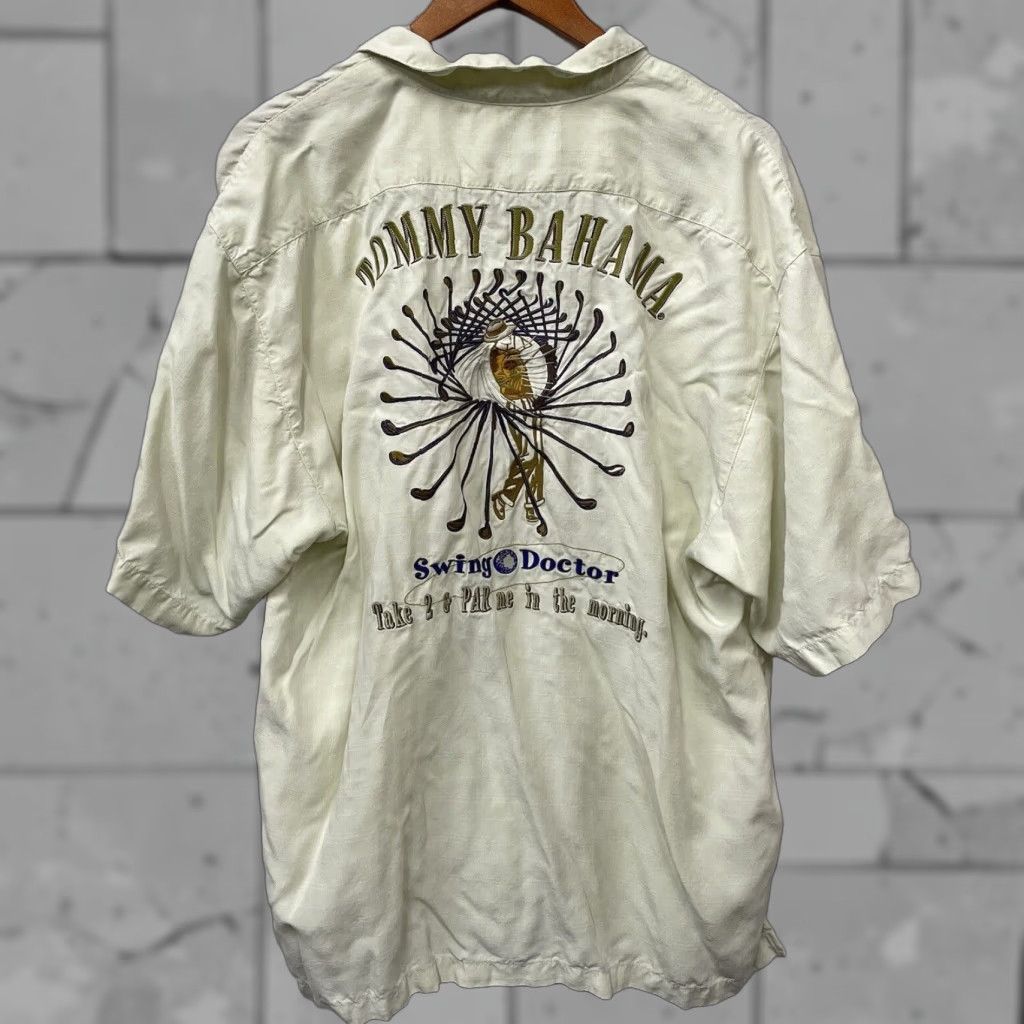 Tommy Bahama VINTAGE Tommy Bahama Golf Embroidered Shirt Mens L Beige Rayon 100% Polysonic Button-Down Short Sleeve Size US 33 - 1 Thumbnail