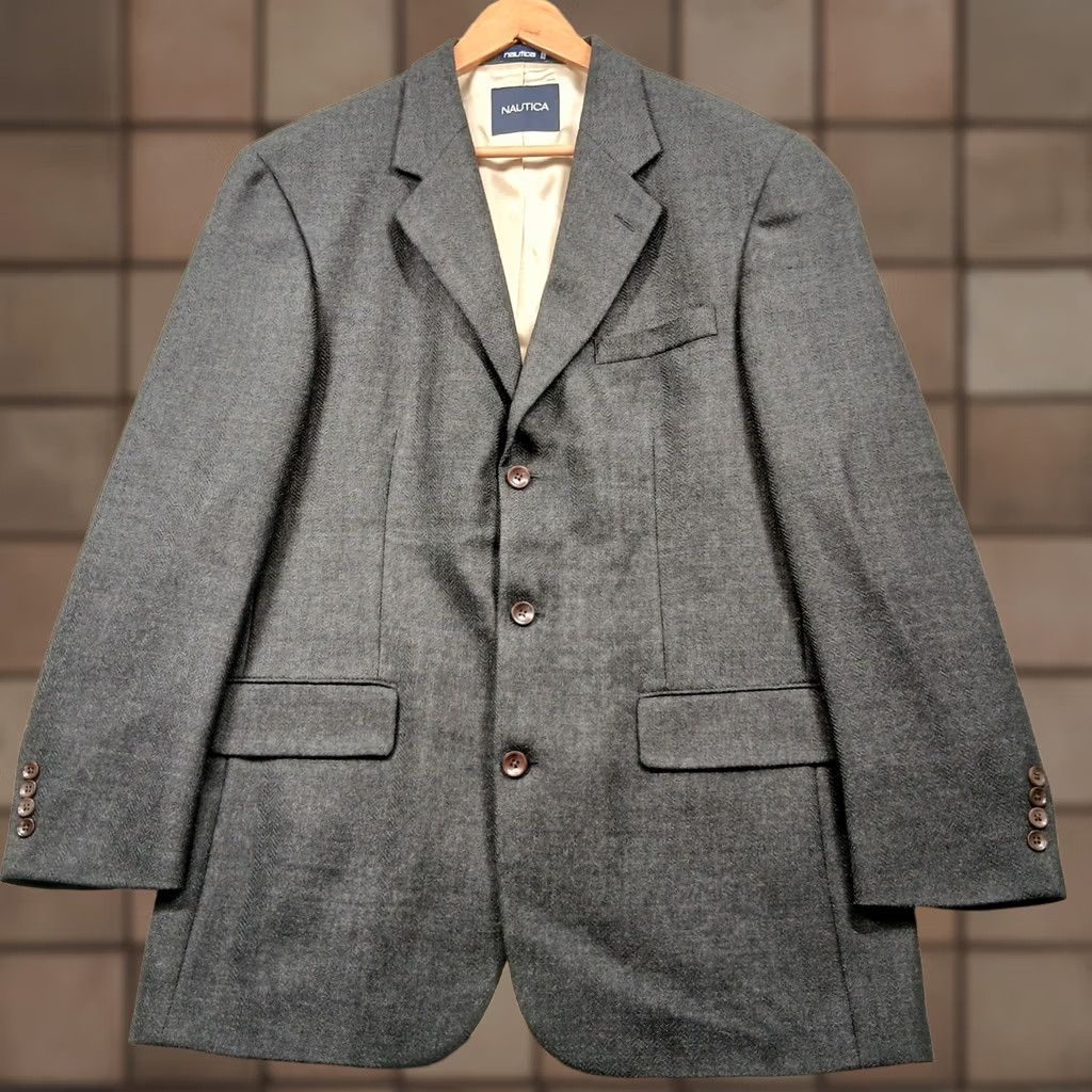 Nautica Nautica Mens Sport Coat Blazer Wool Gray Classic Two Button 42L Size 42R - 1 Thumbnail